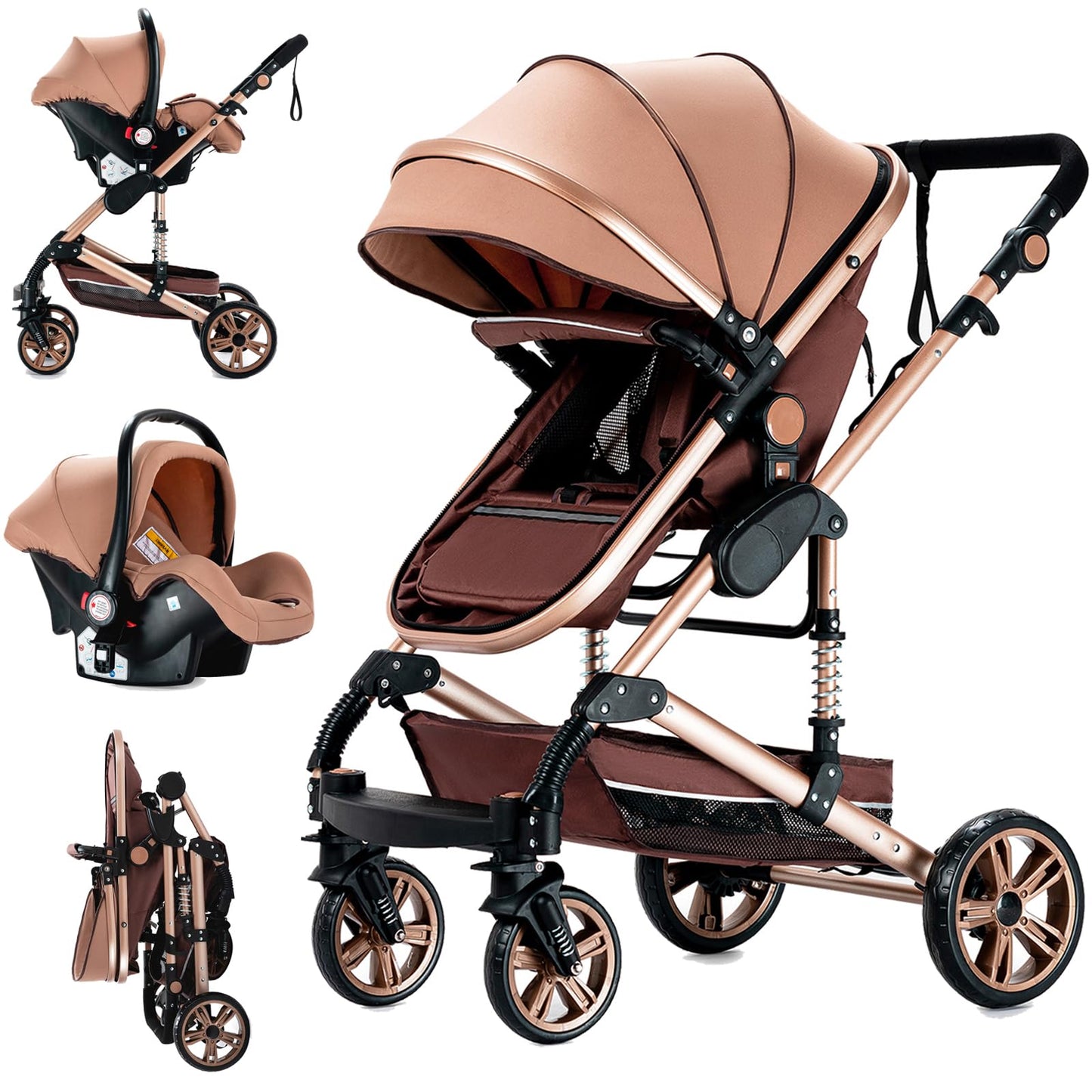 Doraystar 360° Rotation PU Leather Pushchair 3-in-1 Combination Pushchair 3-in-1 with Two Reversible Sliding Modes, Pushchair Complete Set with One-Click Folding Design, Aluminium Alloy Frame (906
