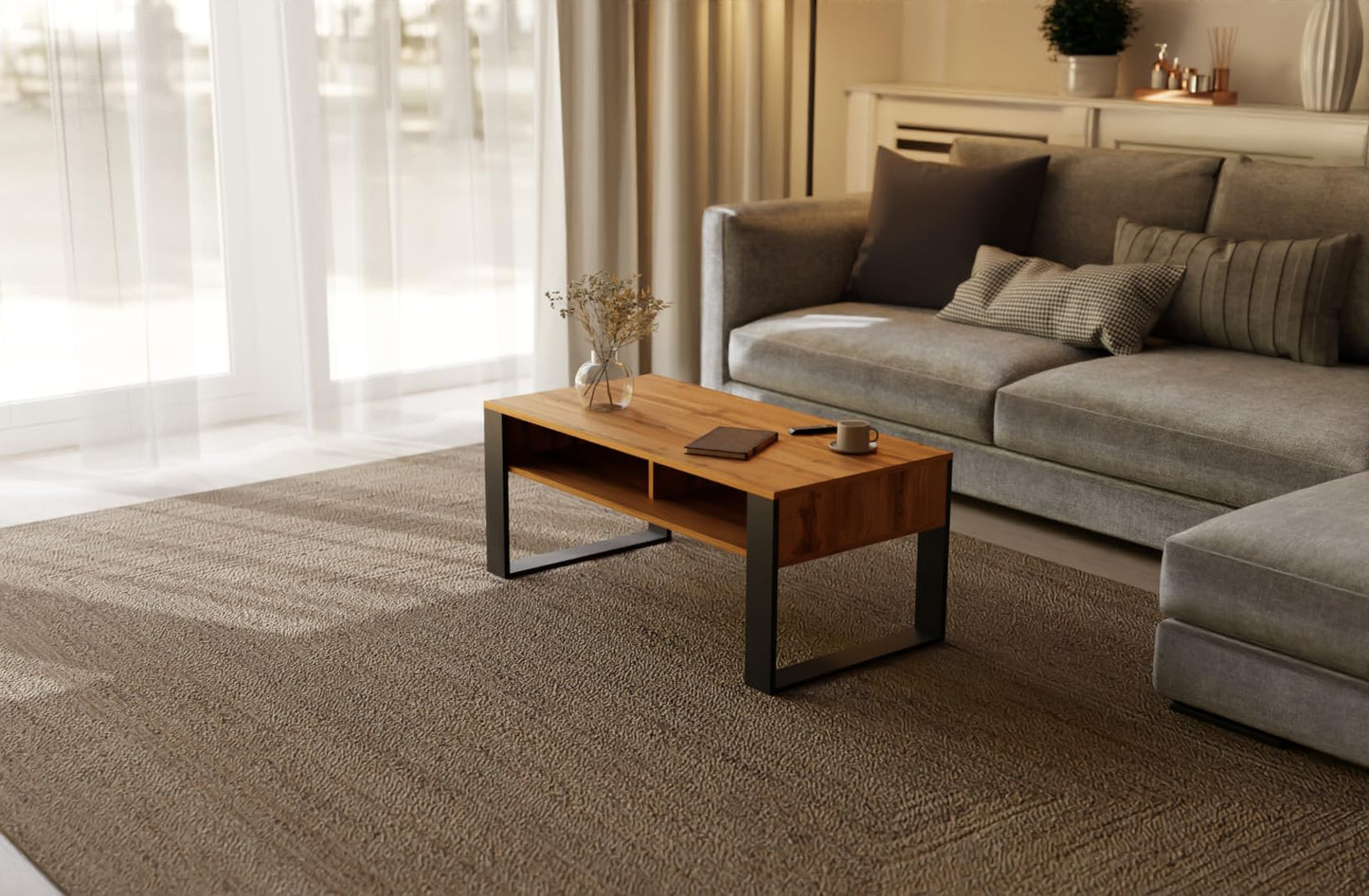 Artisan Coffee Table, Retro Loft Bench, Open Double Shelf, Skate Legs, Ideal for Coffee Get-Togethers, Laminated Top, Large Surface, Guaranteed Stability, White 3