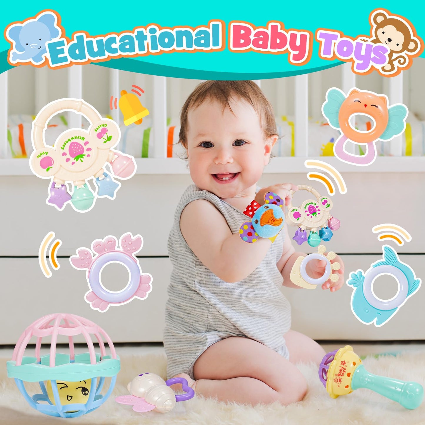 Wootoyz Baby Spielzeug 0-12 Monate, 14 Pcs Rasseln Beißring Set Babies Spielzeug ab 0 3 6 9 Monate Baby Geschenk Junge Mädchen Montessori Spielzeug ab 0-12 Monate Neugeborenen Geschenk Geburt