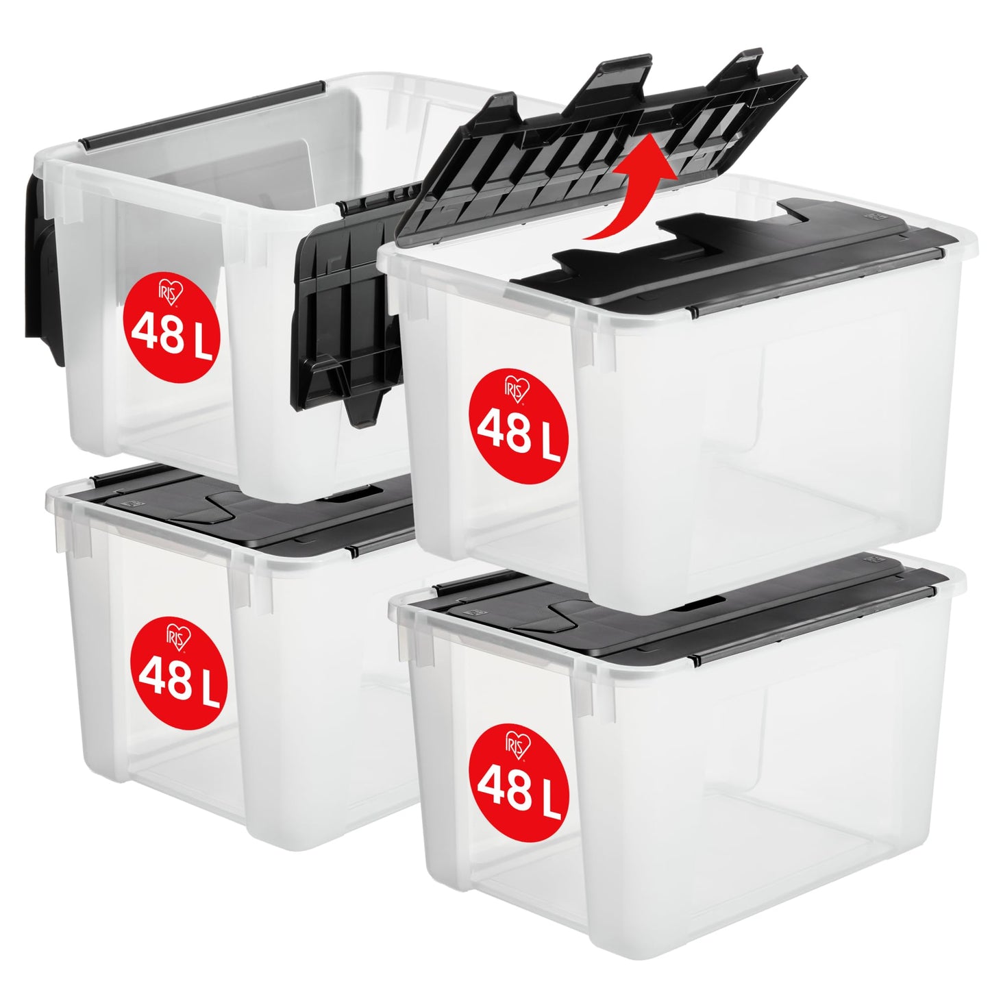 Iris Ohyama Storage Boxes with Lids, 55L, Set of 4, Transparent, Secure Closure, Stackable, Handles, Bedroom, Closet, Office, Organisation, BPA-Free Plastic, Organiser Boxes, BSB-55