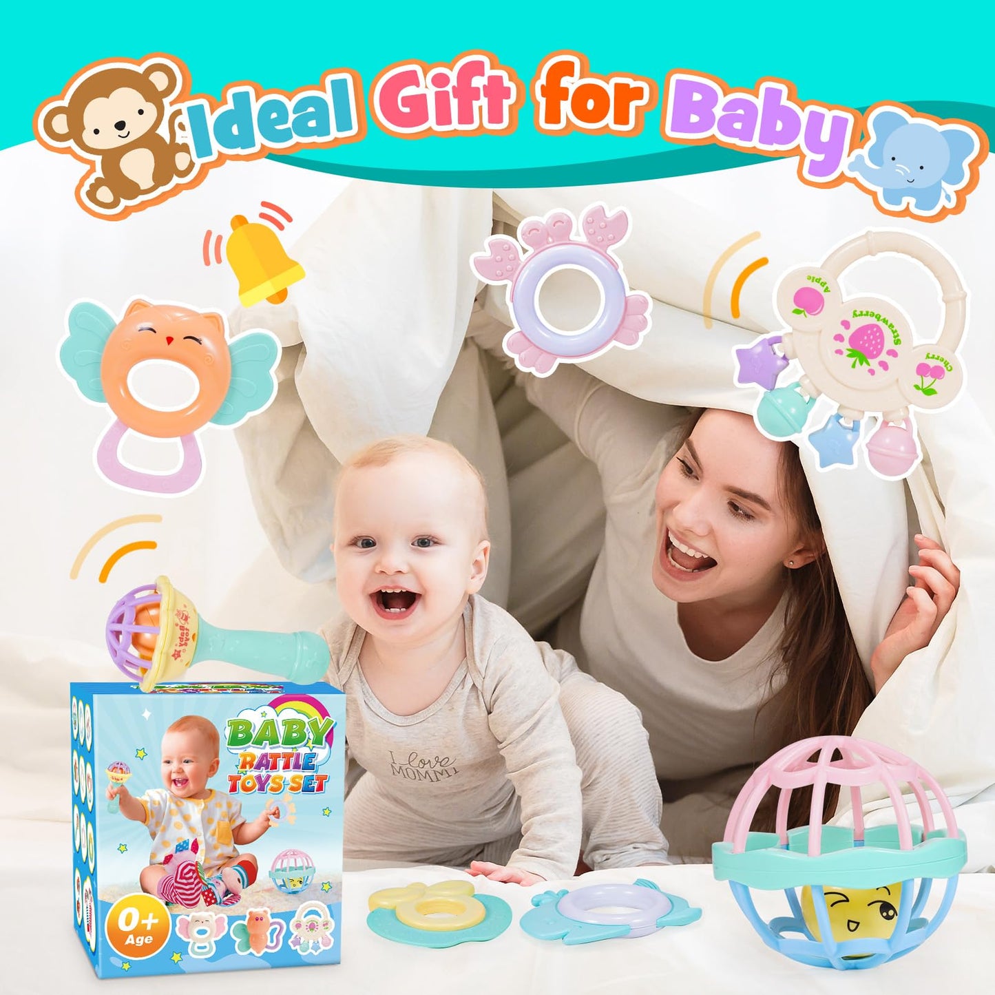 Wootoyz Baby Spielzeug 0-12 Monate, 14 Pcs Rasseln Beißring Set Babies Spielzeug ab 0 3 6 9 Monate Baby Geschenk Junge Mädchen Montessori Spielzeug ab 0-12 Monate Neugeborenen Geschenk Geburt