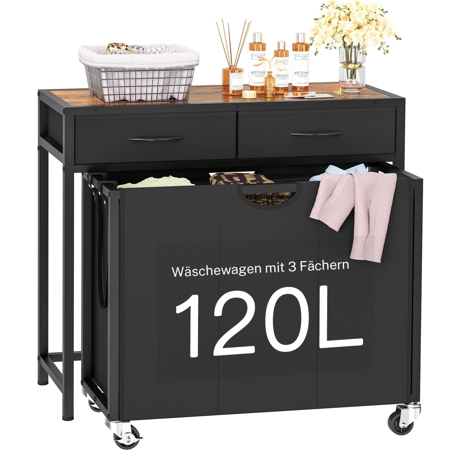 FIONESO Laundry Basket 3 Compartments, 120 L Laundry Hamper with 2 Drawers, Laundry Basket with Wheels & Two-Tone Top Plate, Laundry Trolley for Laundry Room, Bathroom, Entrance Area - 80 x 32 x 76.5
