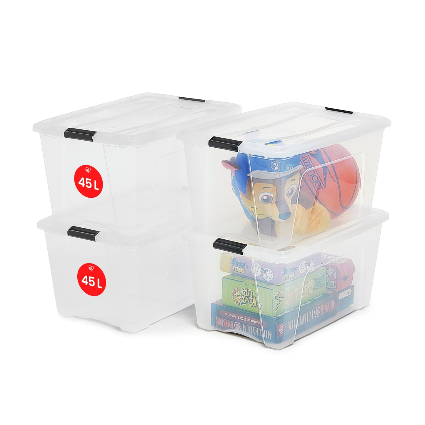 Iris Ohyama Storage Box with Lid, 80L, Set of 4, Transparent, Snap Latches with Handles, Stackable, Strong & Durable, for Clothes, Garage, Home, Office, Plastic Box, Storage TB-84D
