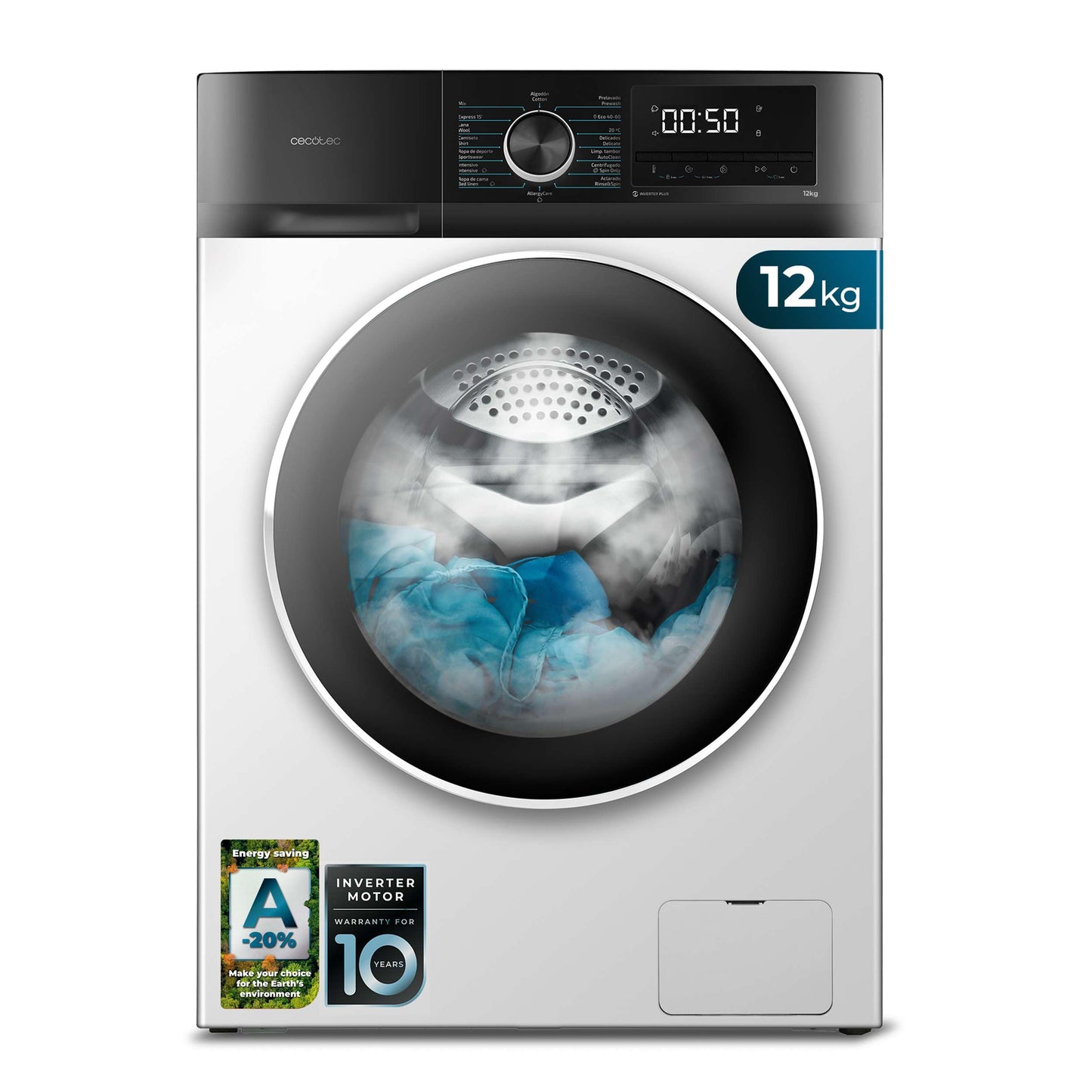 Cecotec Washing Machine 12 kg Front Load Bolero DressCode 12500 Inverter Steel A, 1400 rpm, Inverter Plus Motor, 16 Progr, SteamMax, Pearl Drum, Delay Start, Drum Clean, Display, Allergy Care, Stop &