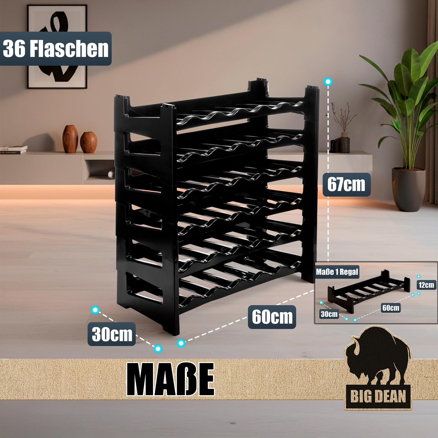 BigDean Bottle Rack Stackable for 72 Bottles Wine Rack Made of Plastic Black Drinks Rack Bottles Shelf System for Glass & PET up to 1.5 Litres