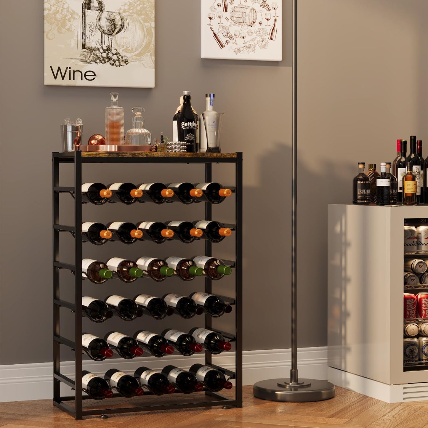 Urban Deco Wine Rack for 30 Bottles, Bottle Rack Standing with Wooden Table Top, Wine Rack Metal Black for Kitchen, Bar, Basement, Dining Room, 59 x 30 x 89 cm