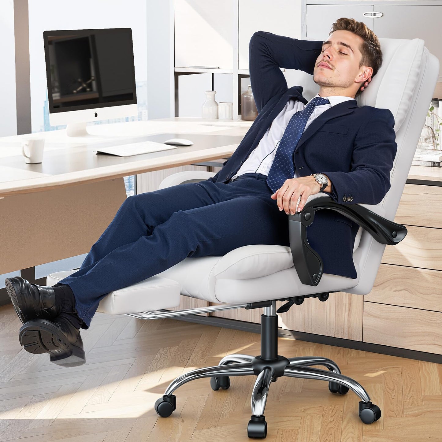 naspaluro Executive Office Chair with Footrest, Ergonomic Desk Chair, PU Leather Computer Chair with Padded Armrests and Soft Headrest Tilt Function, Height Adjustable Swivel Chair, Black