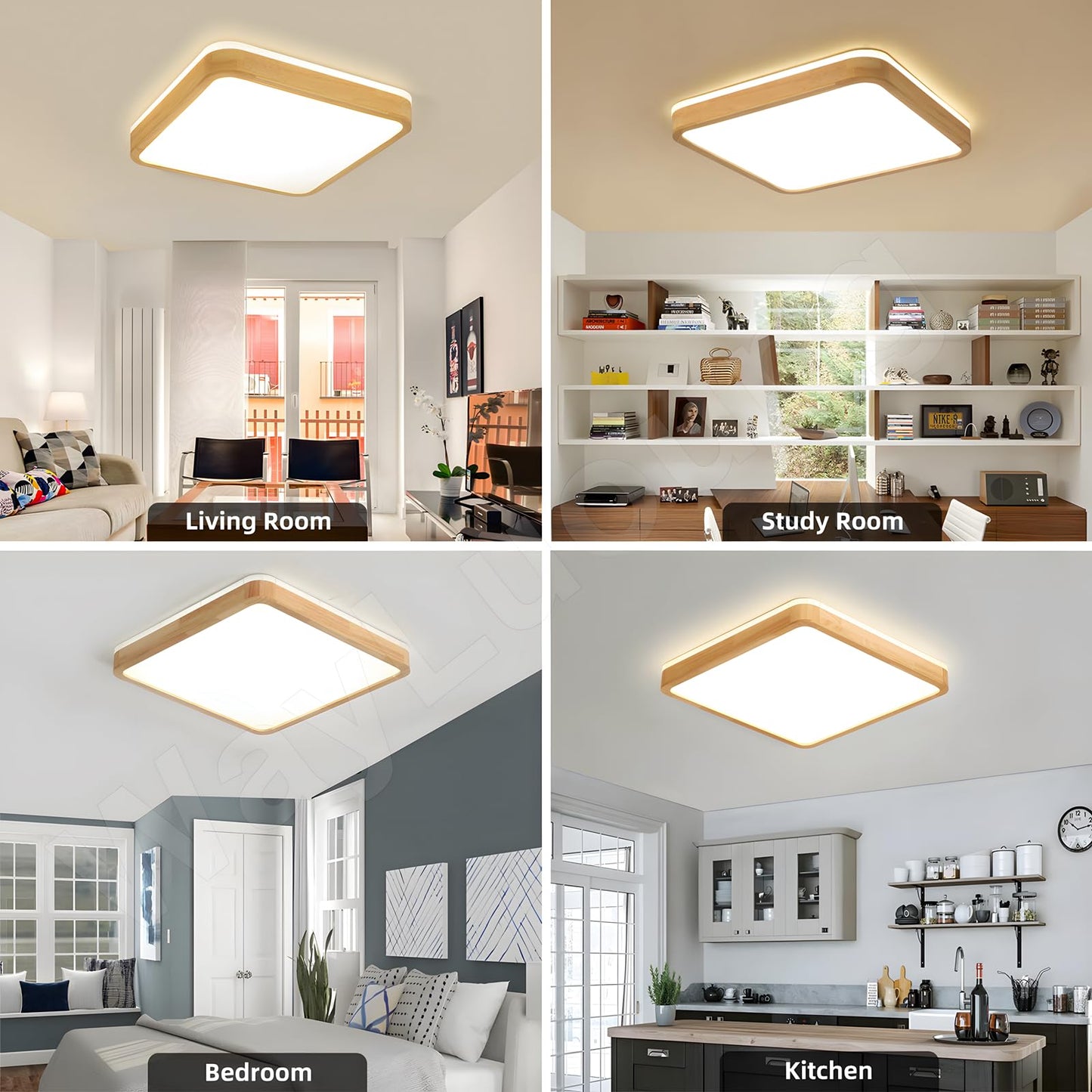 LED Wooden Ceiling Light, Diameter 30 cm, 3000 K, 1620 lm, 18 W, Ceiling Light with Square Top, 360° Luminous Natural Wood, Bedroom, Living Room, Children's Room, Kitchen, Dining Room (Warm White)