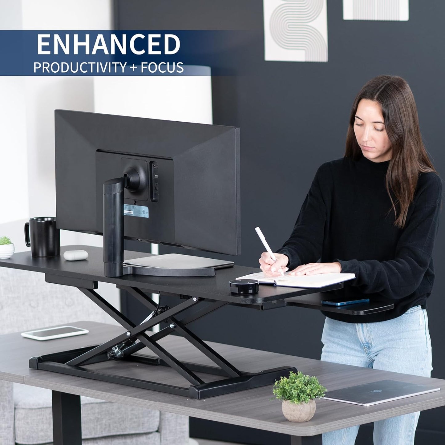 VIVO 32” Stehpult-Konverter mit höhenverstellbarem Aufsatz, Steh-Sitz-Arbeitsplatz für zwei Monitore und Laptop, mit breiter Tastaturablage, Schwarz, DESK-V000K
