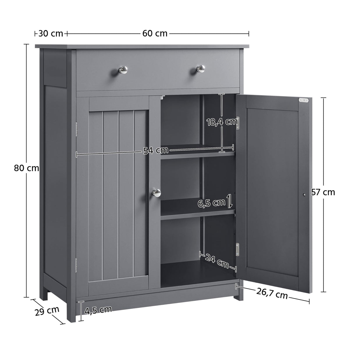 Yaheetech Bathroom Cabinet Kitchen Cabinet Chest of Drawers Storage Cabinet with Drawer and Double Door Bathroom 60 x 30 x 80 cm LBH White