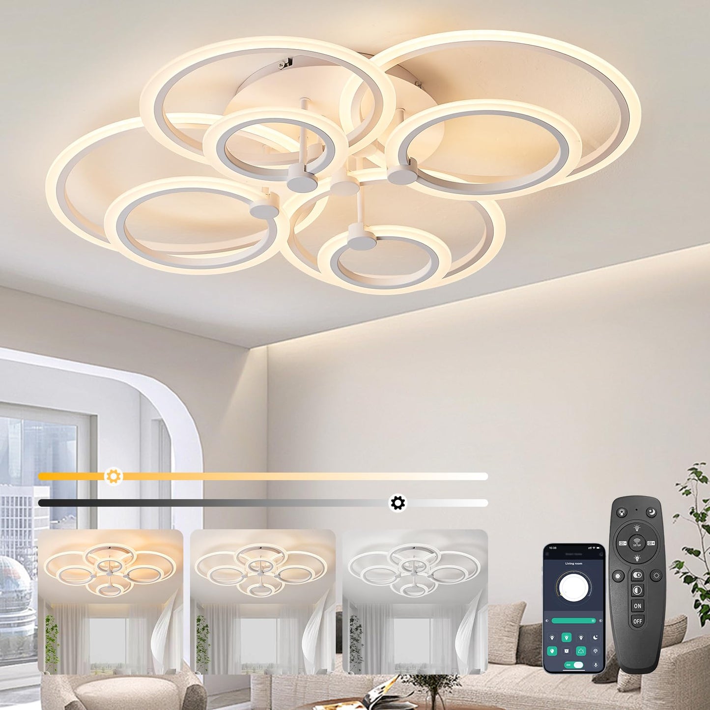 SUCIKORIO LED Deckenleuchte Dimmbar mit Fernbedienung, Modern LED Deckenlampe Rund Wohnzimmer 54W Wohnzimmerlampe 2700K-6500K Schlafzimmerlampe Decke mit APP für Schlafzimmer, Küche, Badezimmer, Flur
