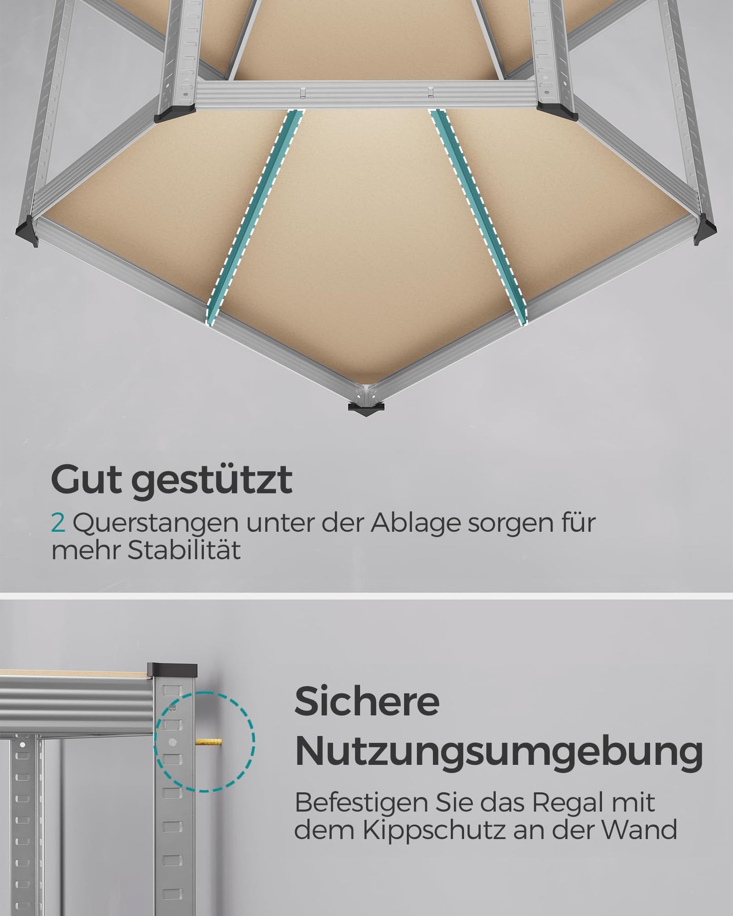 SONGMICS GLR080E01 Corner Shelving Unit 5 Levels Heavy Duty Metal Storage Shelf for Garage Storage Room Cellar Shelf Maximum Load 875 kg Silver Natural Beige