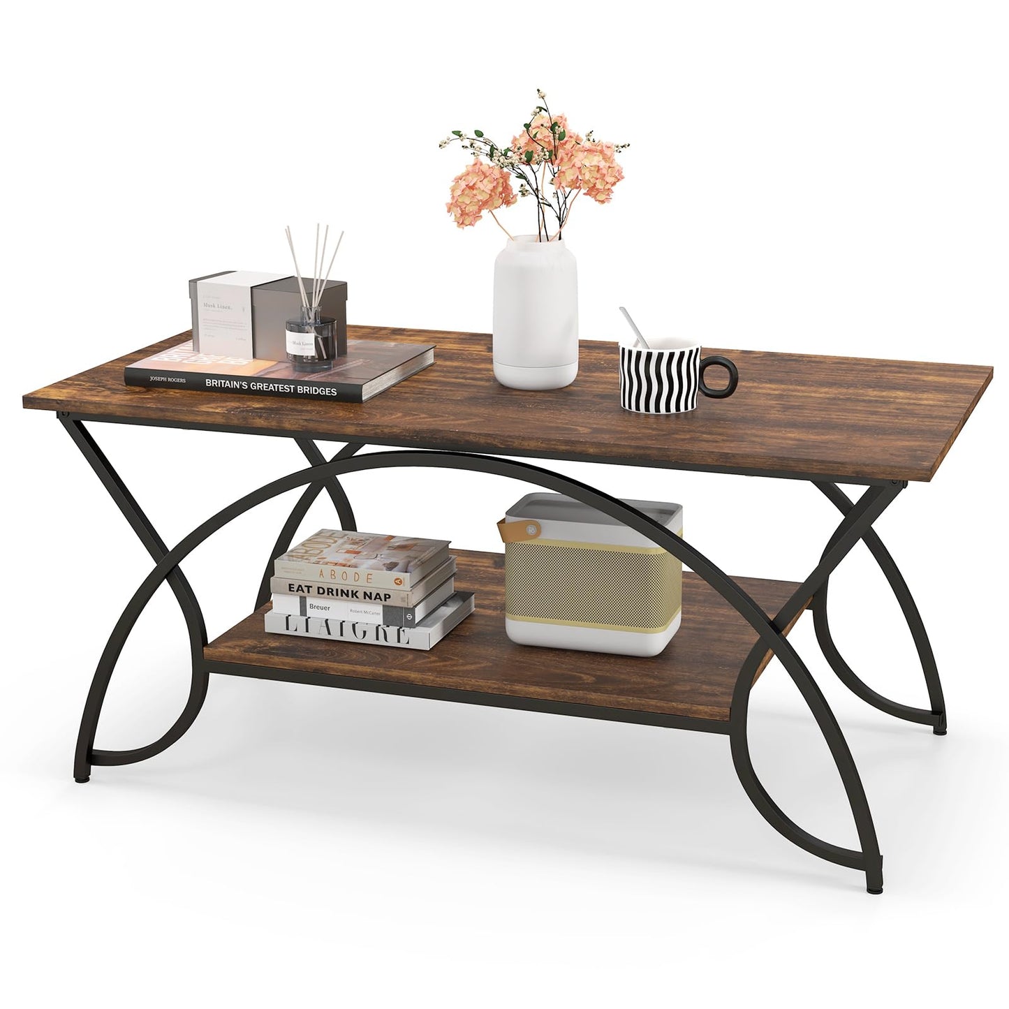 GIANTEX Coffee Table Marble Black, Coffee Table, Tea Table, 2 Shelves, Living Room Table, Modern Sofa Table, Tea Table, 100 x 50 x 45 cm, Accent Table with Metal Legs, Side Table with Marble Look