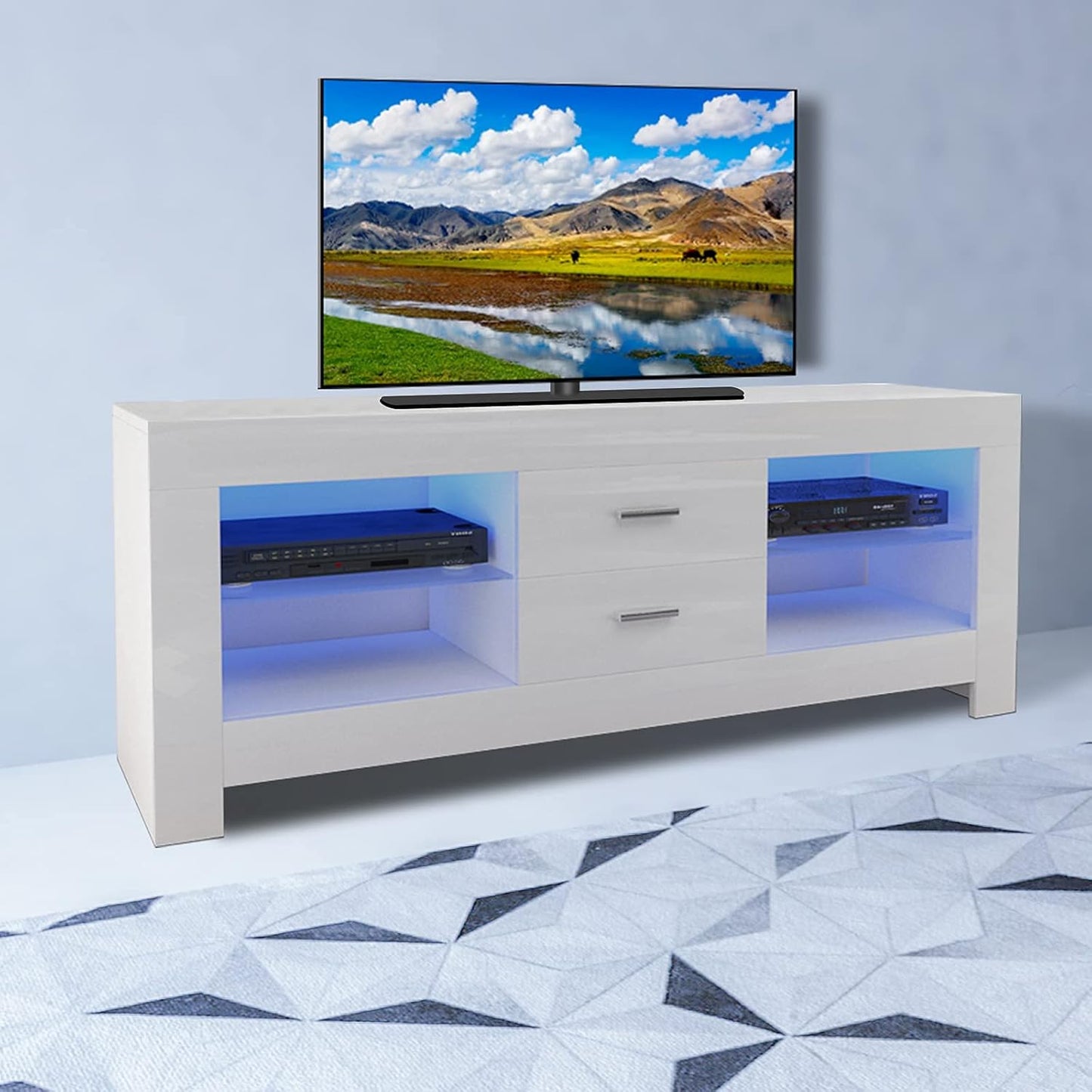 Dripex TV Lowboard, TV Sideboard with LED Lighting & Drawers, High Gloss TV Storage Unit, 130 x 50 x 35 cm, White