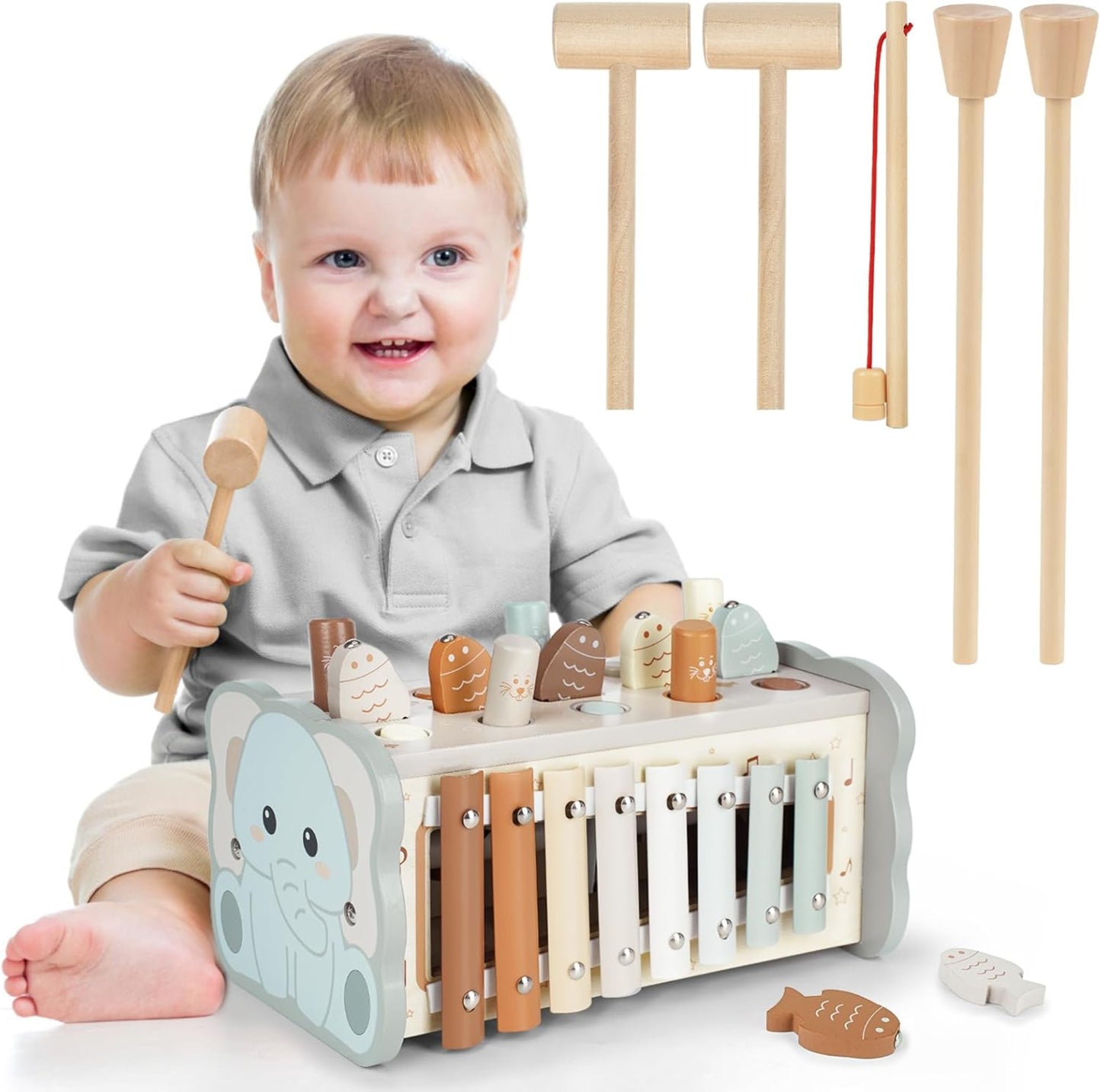 Dinorun Montessori Hammering Toy from 1 Year Old, Wooden Motor Skills Toy, Xylophone, Gift for Children Aged 1, 2, 3, 4 Years, for Girls, Boys
