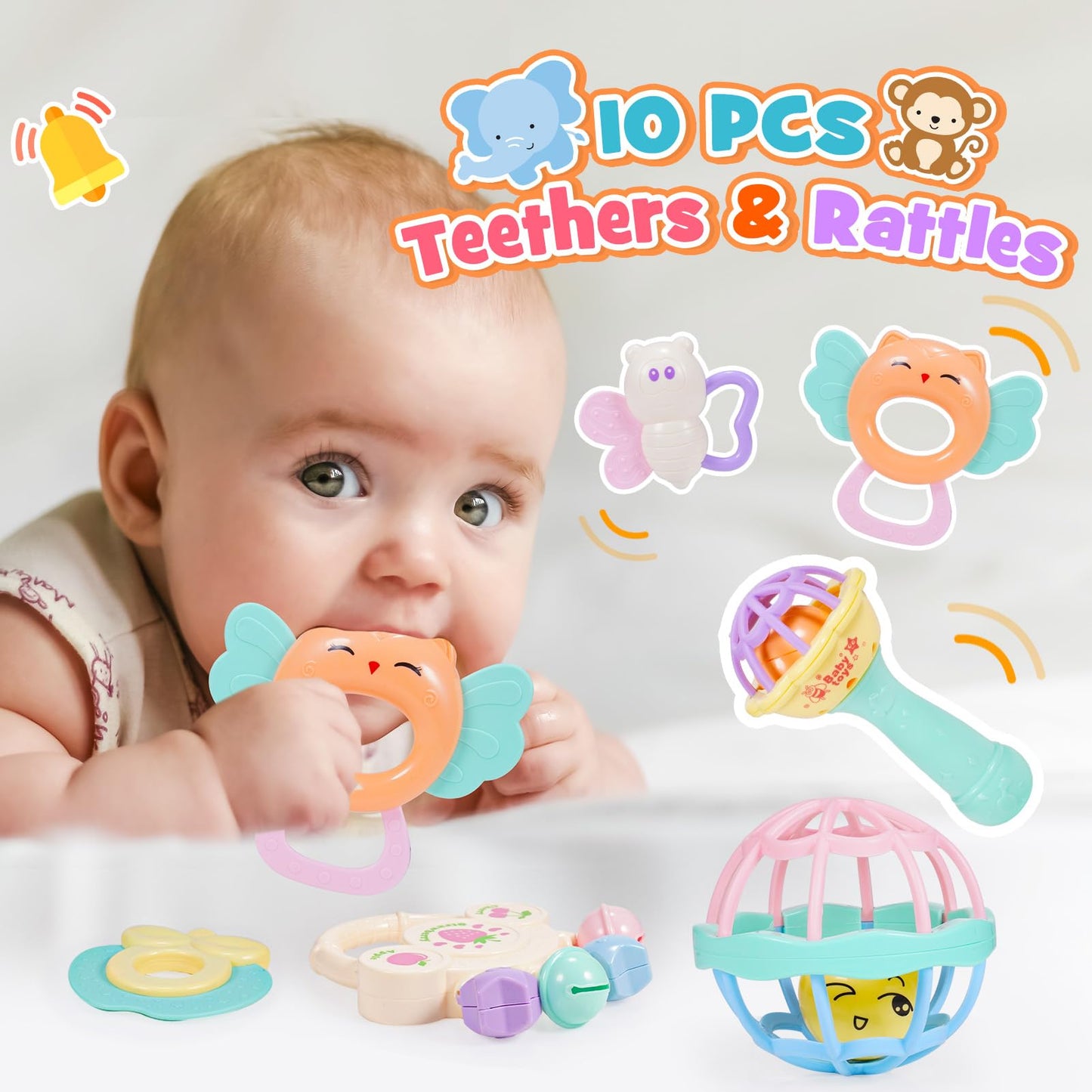 Wootoyz Baby Spielzeug 0-12 Monate, 14 Pcs Rasseln Beißring Set Babies Spielzeug ab 0 3 6 9 Monate Baby Geschenk Junge Mädchen Montessori Spielzeug ab 0-12 Monate Neugeborenen Geschenk Geburt
