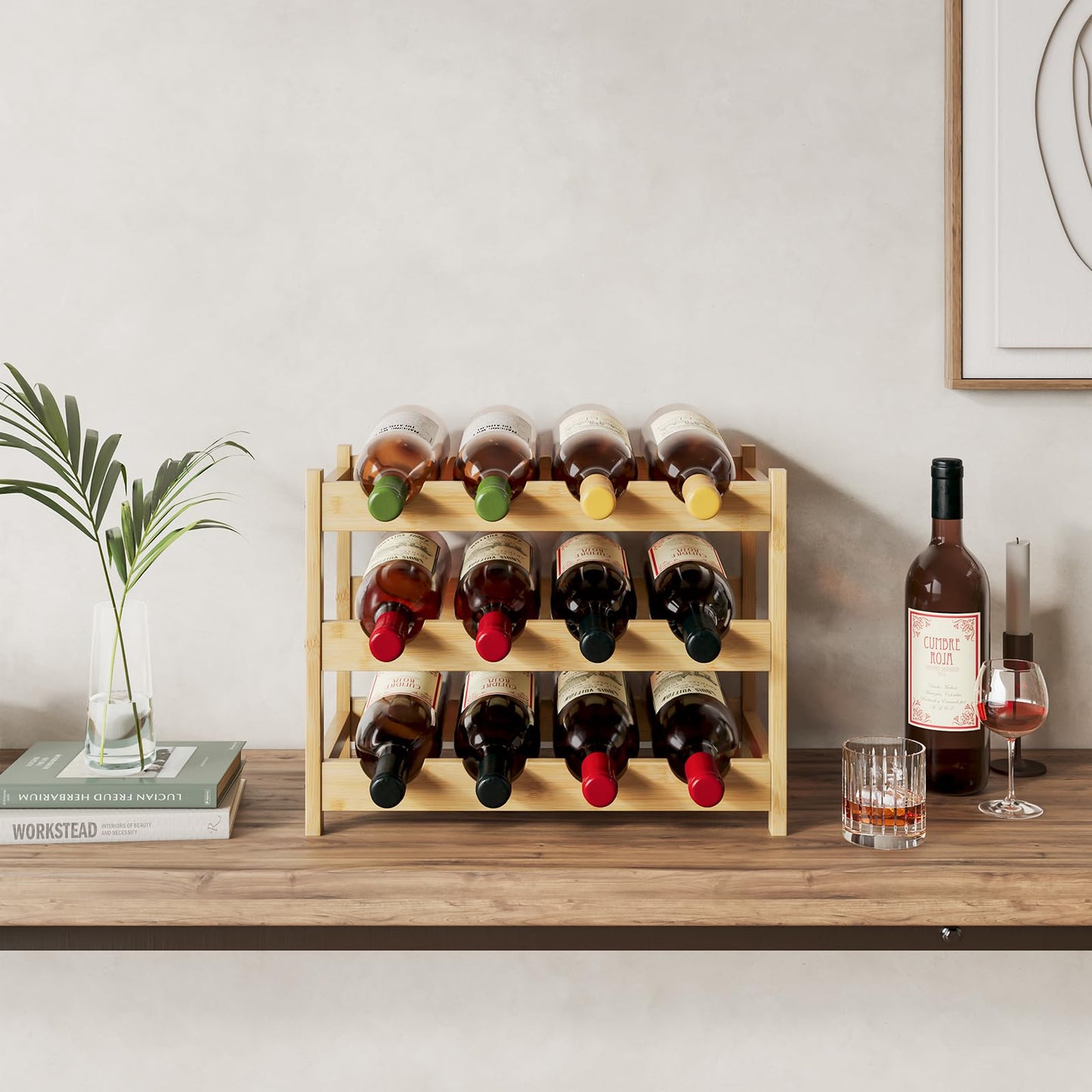 Dripex Wooden Wine Rack Bottle Rack, Small Wine Bottle Rack, Wine Bottle Holder 12 Bottles, Slim Wine Stand Standing, Drinks Rack Bottles for Cellar Kitchen, 3 Levels