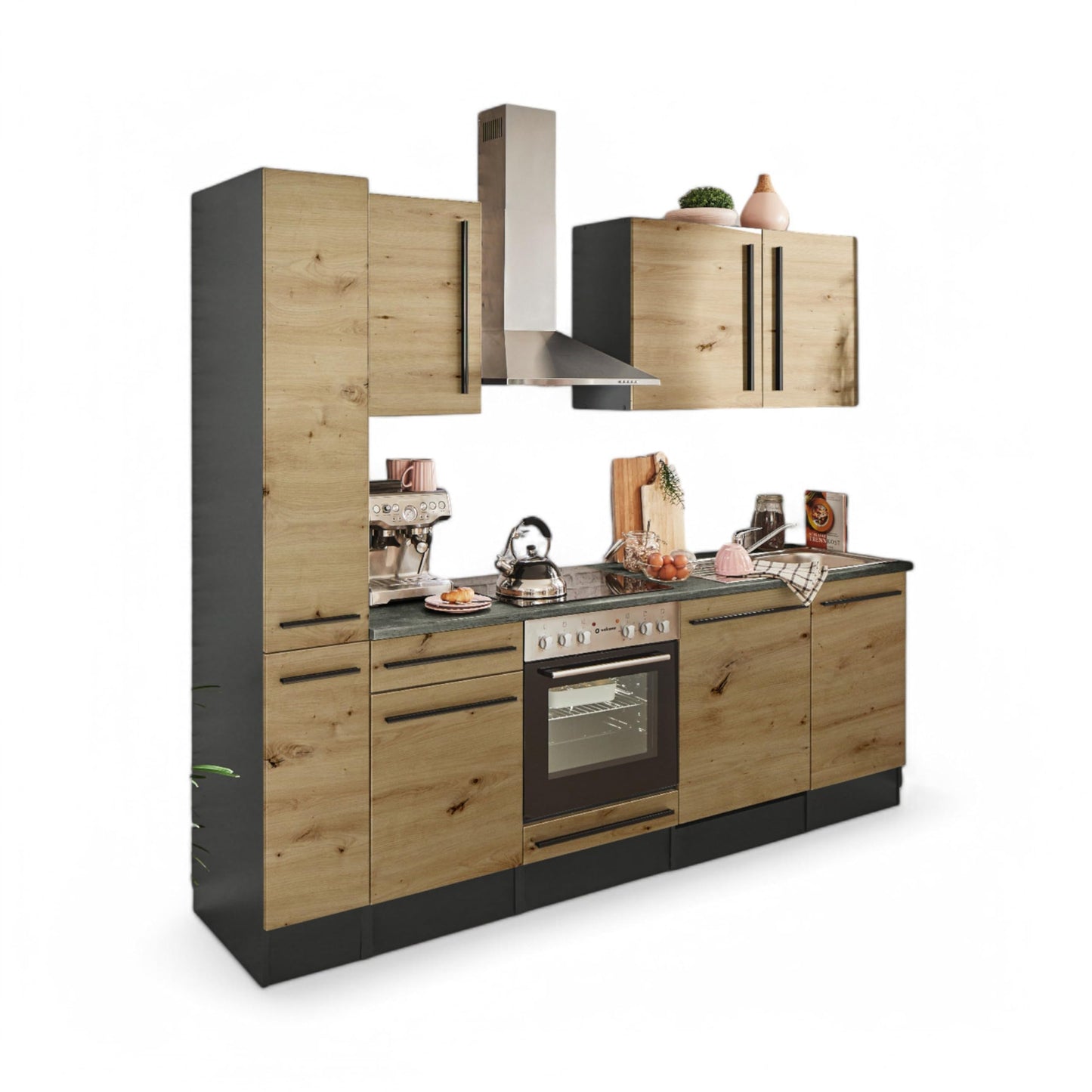 Jazz 8 Modern Kitchen Unit without Electrical Appliances in Anthracite, Artisan Oak Look, Spacious Fitted Kitchen with Lots of Storage Space, 220 x 211 x 60 cm (W x H x D)