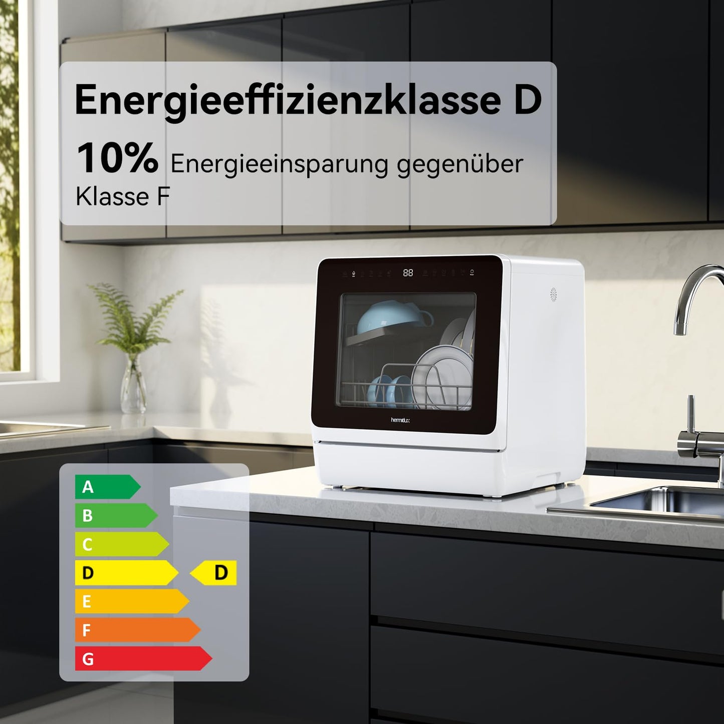 Hermitlux Tischgeschirrspüler, mini spülmaschine mit 7+3 Programme, 5 Maßgedecken, 5L Wassertank, Startverzögerung und Kindersicherung