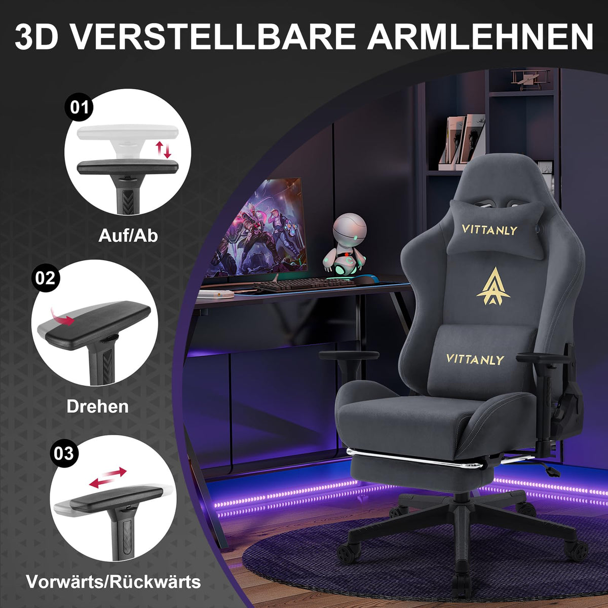 Vittanly Gaming Stuhl, Luxuriöser Wildlederimitat Gaming Chair Bürostuhl, Ergonomischer Schreibtischstuhl mit Fußstütze Kopfstütze und Lendenkissen, 3D Armlehnen, 90-155° Rückenlehne, Weinrot
