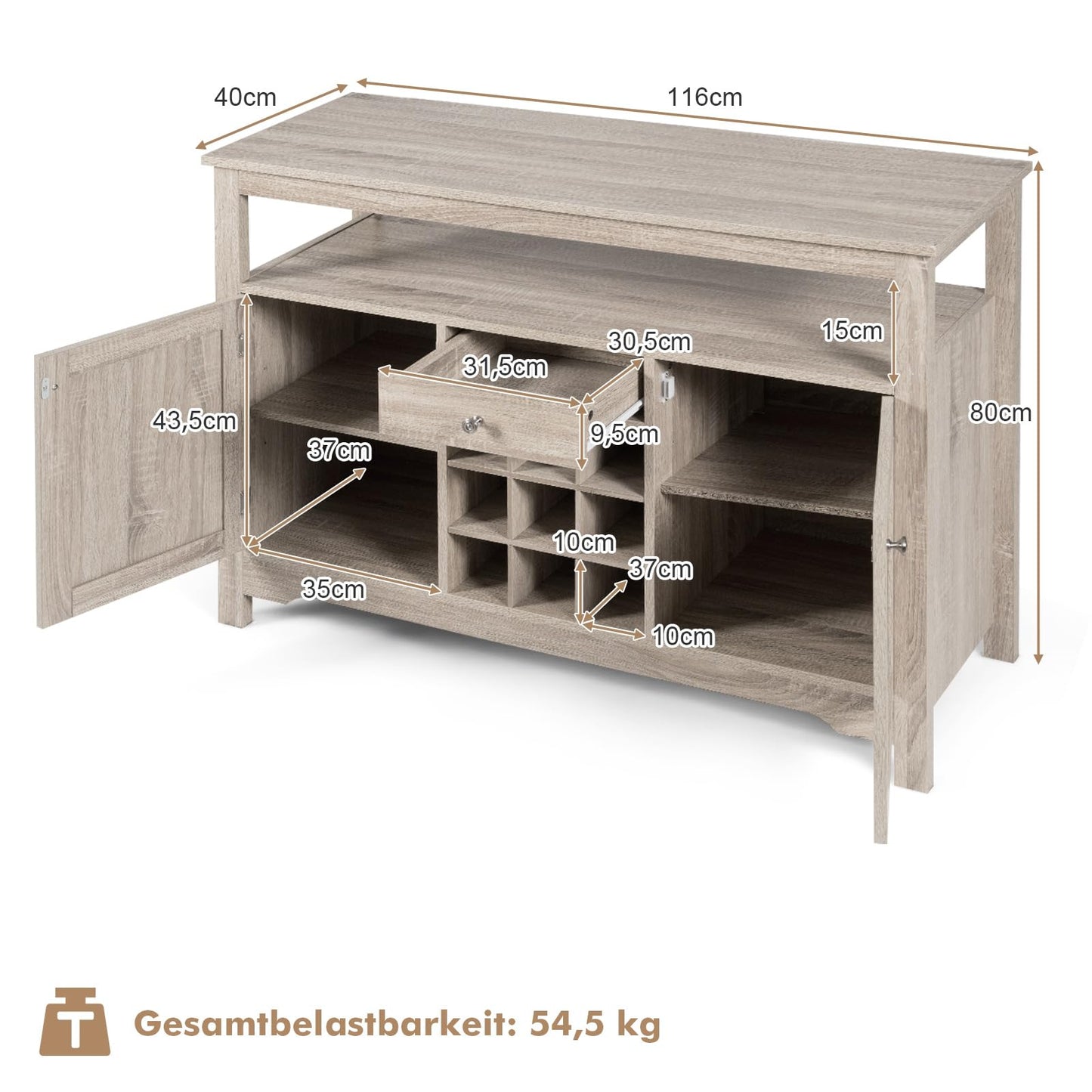 COSTWAY Sideboard Kitchen Cabinet with Doors and Drawers, Wooden Kitchen Chest of Drawers, Buffet Cabinet, Storage Cabinet, Side Cabinet, Wine Cabinet, 116 x 40 x 82 cm (White)