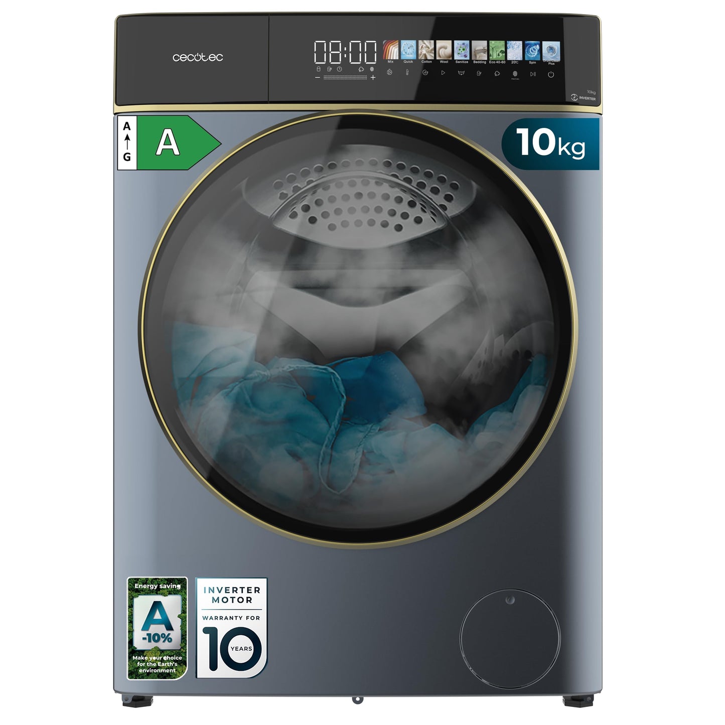 Cecotec Washing Machine 10 kg Front Loader Bolero Dress Code 10950 Car Socket Inverter 3D Steel A. 1400 rpm, Matrix Display 9.2 Inches, 16 Prog, Low Consumption, Inverter Plus Motor, Auto Dosage,