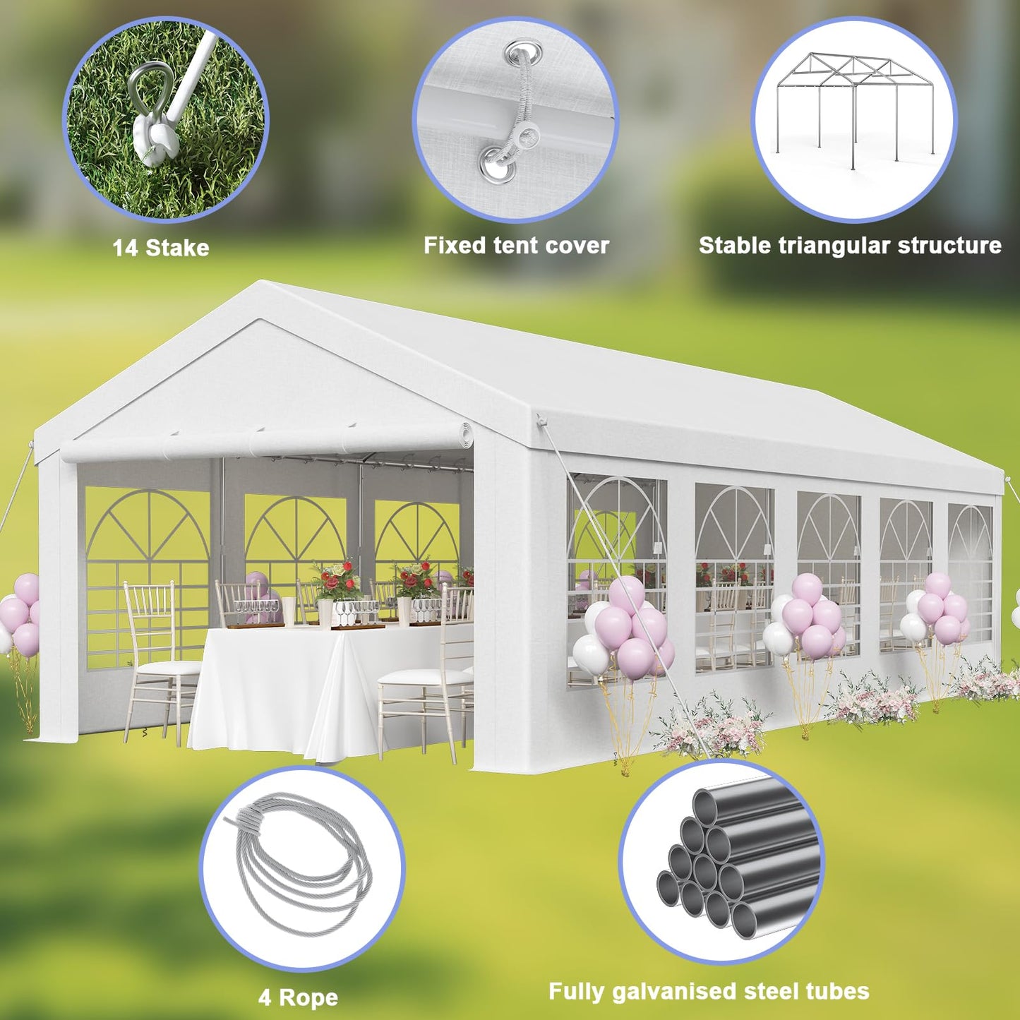 JUMMICO Gazebo Party Tent 4 x 6 Waterproof Stable Garden Tent UV Protection 50+ Tent 170 g PE Tarpaulin Marquee Beer Tent Garden Gazebo for Garden, Party, Festival, Wedding, White