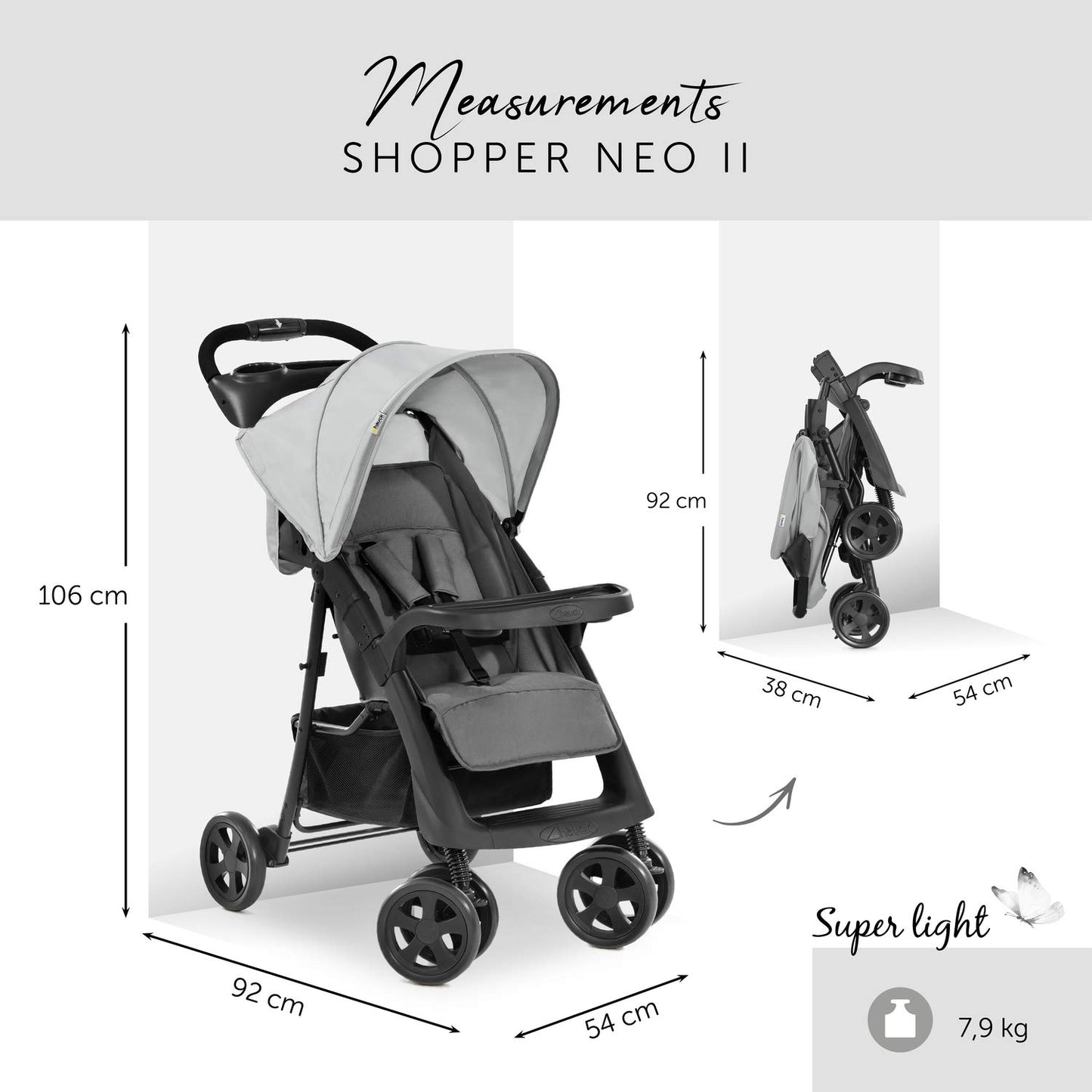 Hauck Buggy Shopper Neo II / with reclining function, small foldable / for children from birth up to 15 kg, Caviar Silver (Silver)