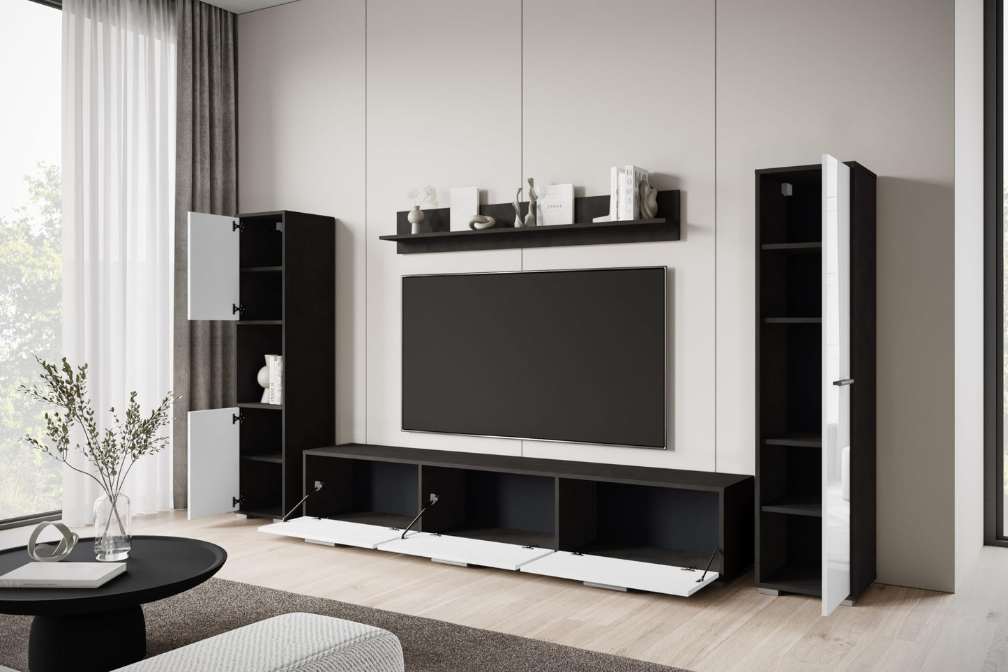 MINIO go for it - Living Room Wall Unit 4-Piece Toga, Living Room Furniture Set, 1 x TV Lowboard, 2 x Tall Cabinet, 1 x Wall Board, Living Room Furniture Complete, Living Room Set - Colour Wotan Oak