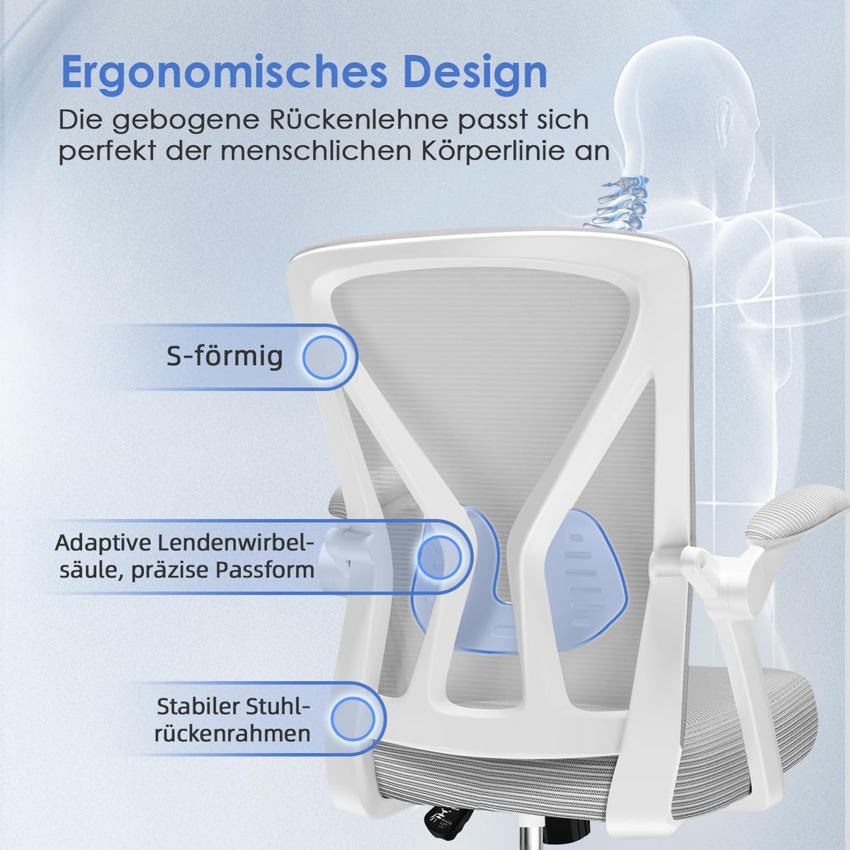 Hinonde Office Chair, Desk Chair with Folding Armrests and Rocker Function, 360° Swivel Chair, Height-Adjustable Office Chair, Ergonomic Home Office Chair with Breathable Mesh, Up to 150 kg