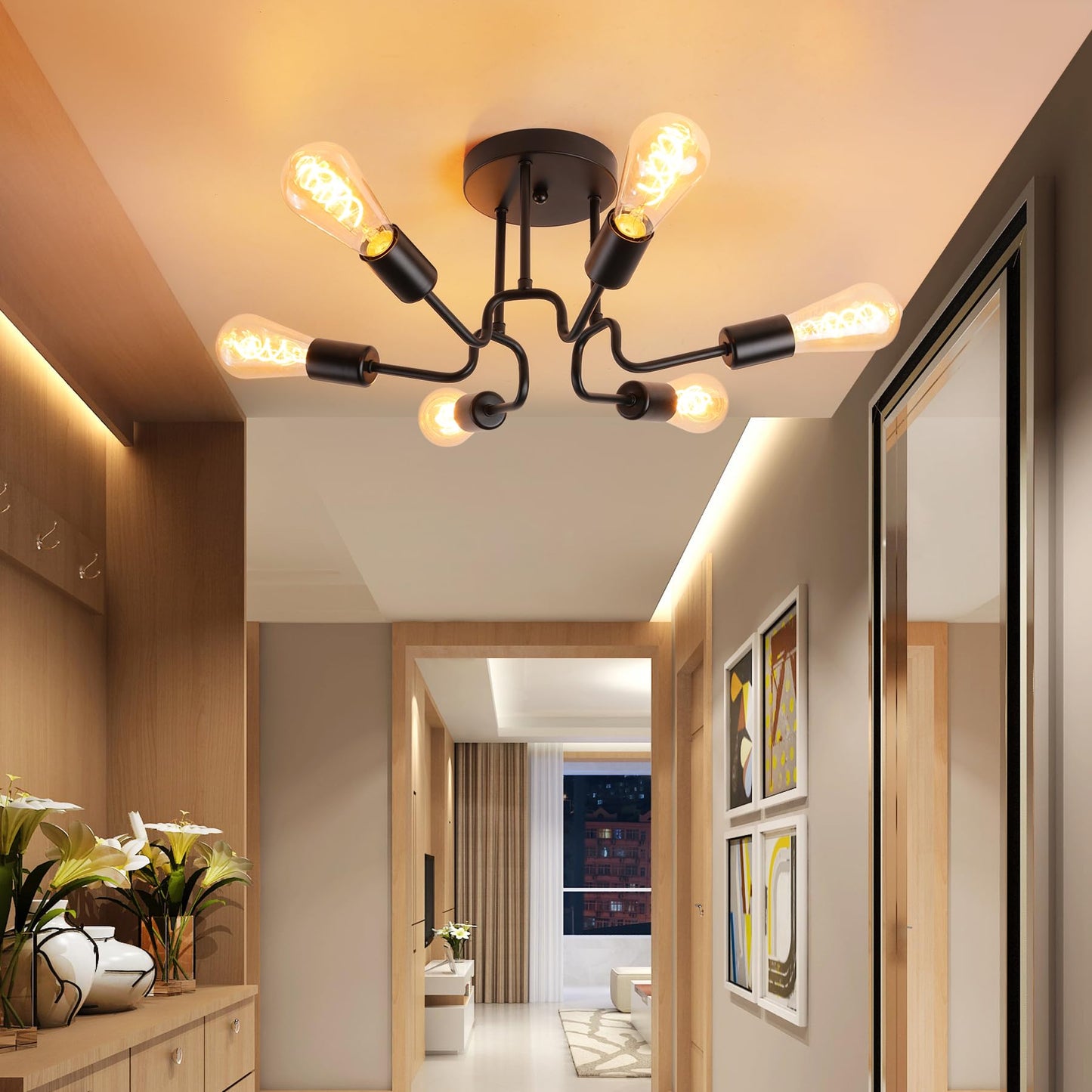 Ceiling Light Vintage 6 Bulbs Ceiling Light Retro E27 Living Room Lamp Industrial Lamp Bedroom Lamp Black Chandelier for Bedroom Kitchen Hallway Dining Room without Bulb