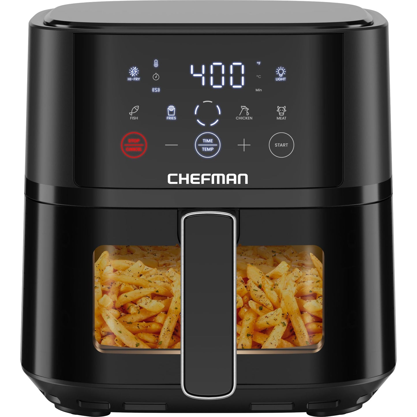Chefman Hot Air Fryer - 3.75 L Compact Hot Air Fryer for Quick Meals, with Hi-Fry Technology, Viewing Window, Touch Controls, Non-Stick and Dishwasher Safe - Black