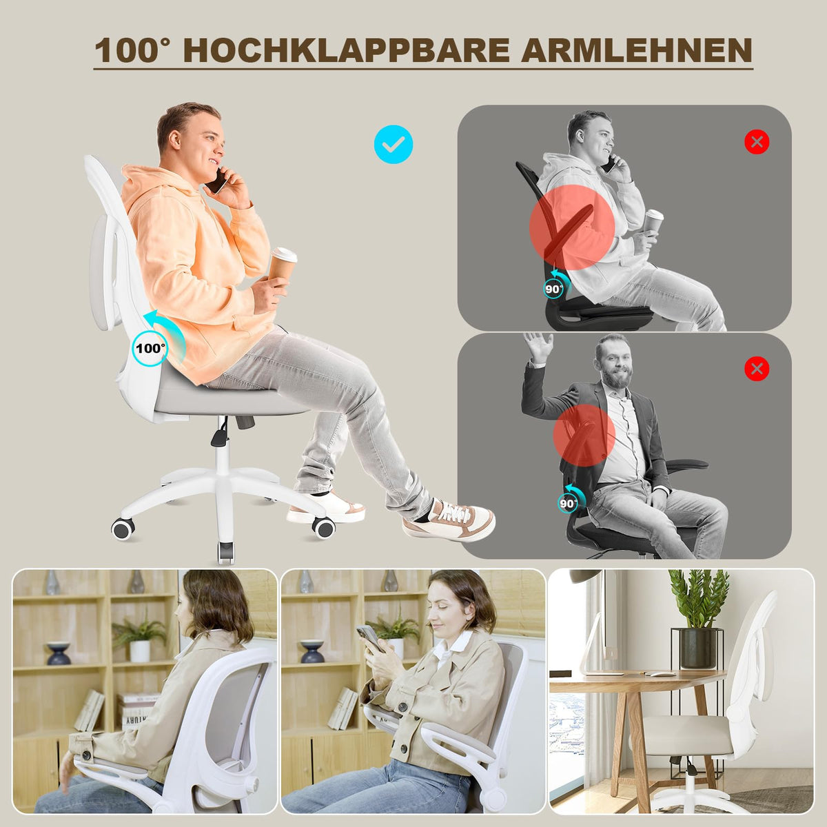 MELOKEA Desk Chair, Bionic 4D Lumbar Support, Office Chair Ergonomic with 100° Folding Armrest, Office Chair Height Adjustable, Mesh Computer Chair, Meets EN12520 Standards, Grey Beige