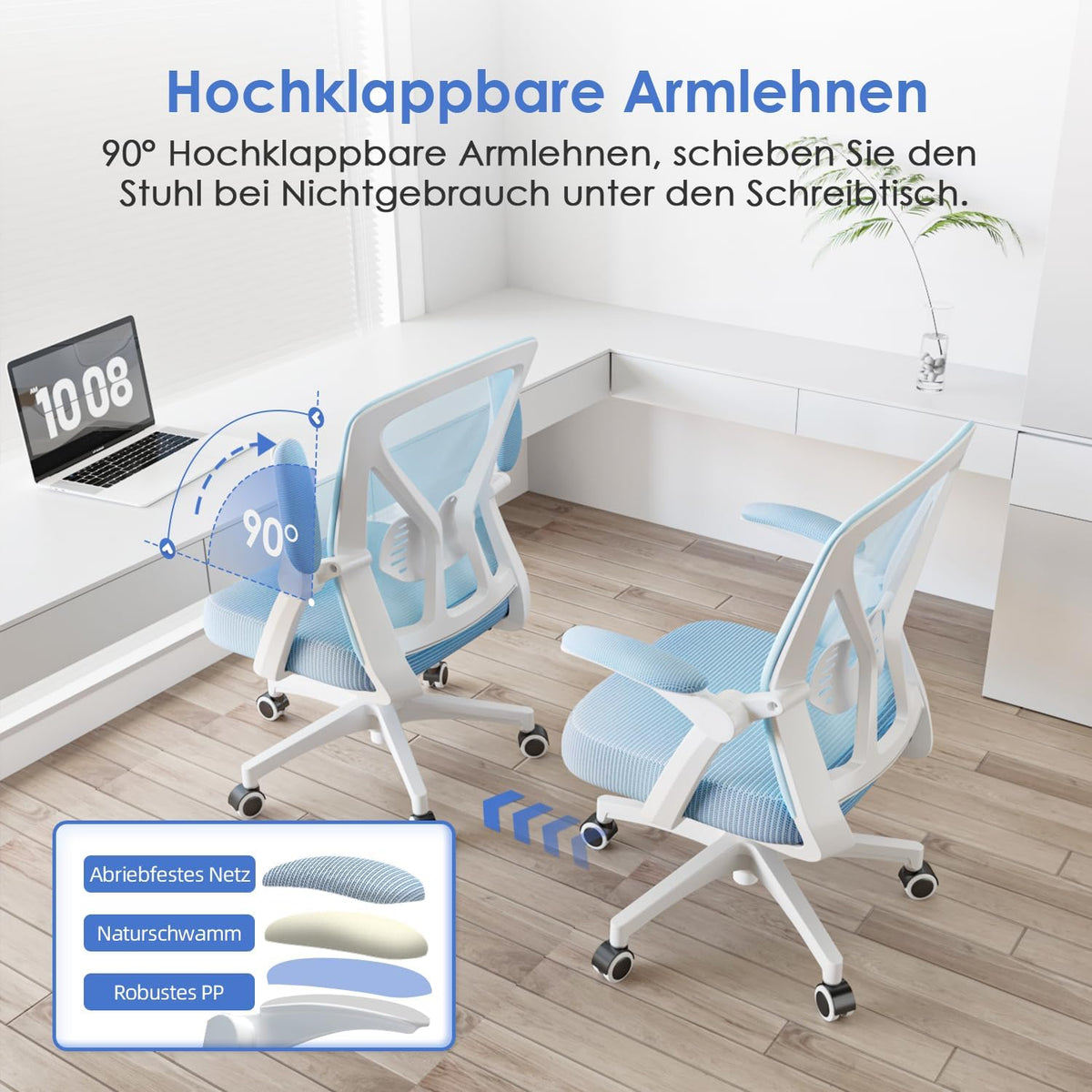 Hinonde Office Chair, Desk Chair with Folding Armrests and Rocker Function, 360° Swivel Chair, Height-Adjustable Office Chair, Ergonomic Home Office Chair with Breathable Mesh, Up to 150 kg