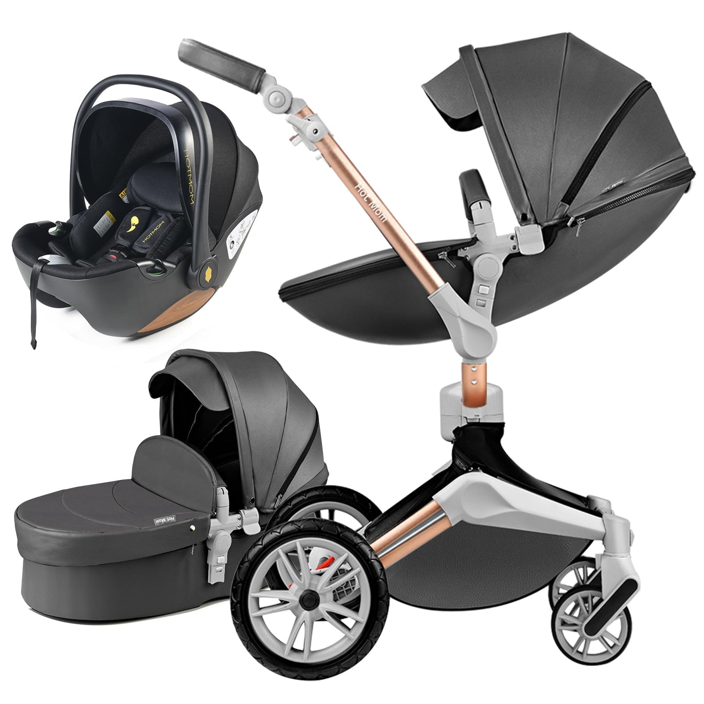 Hot Mom Pram Set with 360° Rotation Function, Combination Pushchair 3-in-1 Equipped with PU Tyres and Faux Leather Seat and Many Other Accessories, Dark Grey