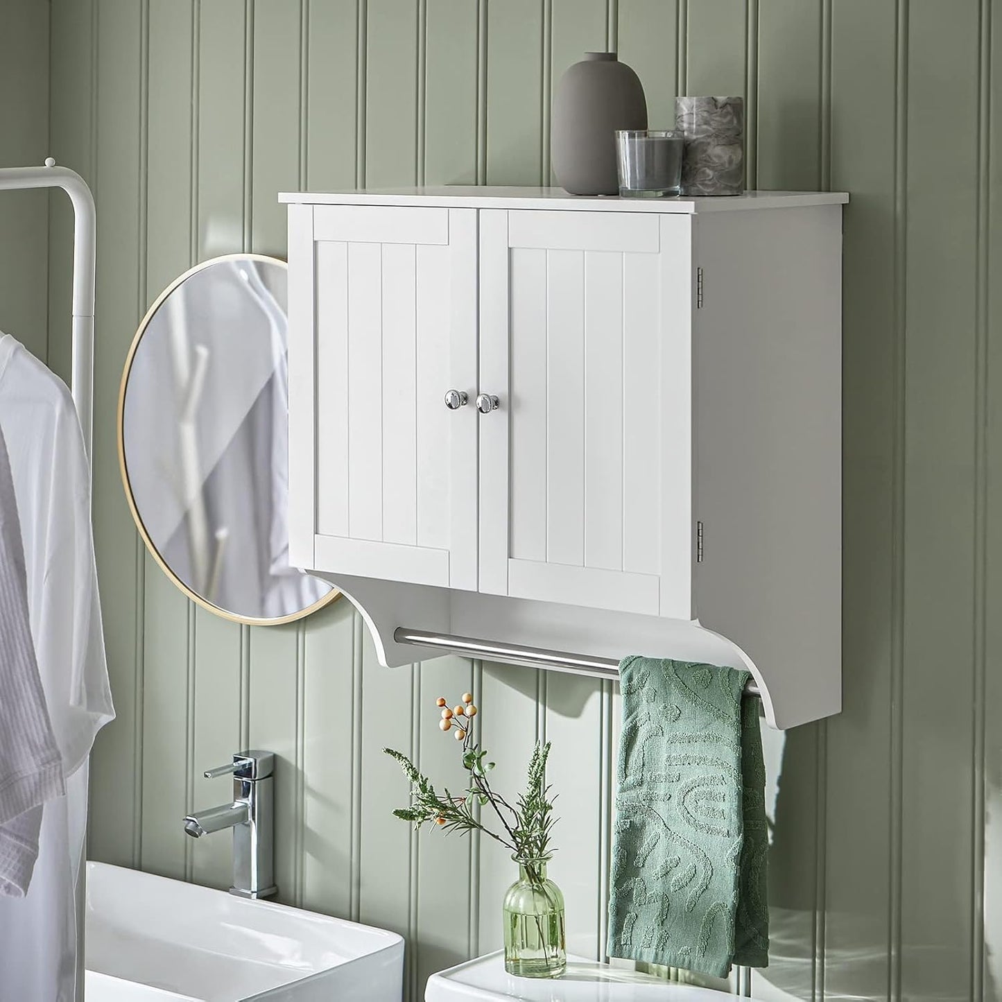 SoBuy BZR84-W Wall-Mounted Bathroom Cabinet with 2 Doors, 60 x 30 x 60 cm, Adjustable Shelves, Towel Rail, Storage Solution for Small Bathrooms