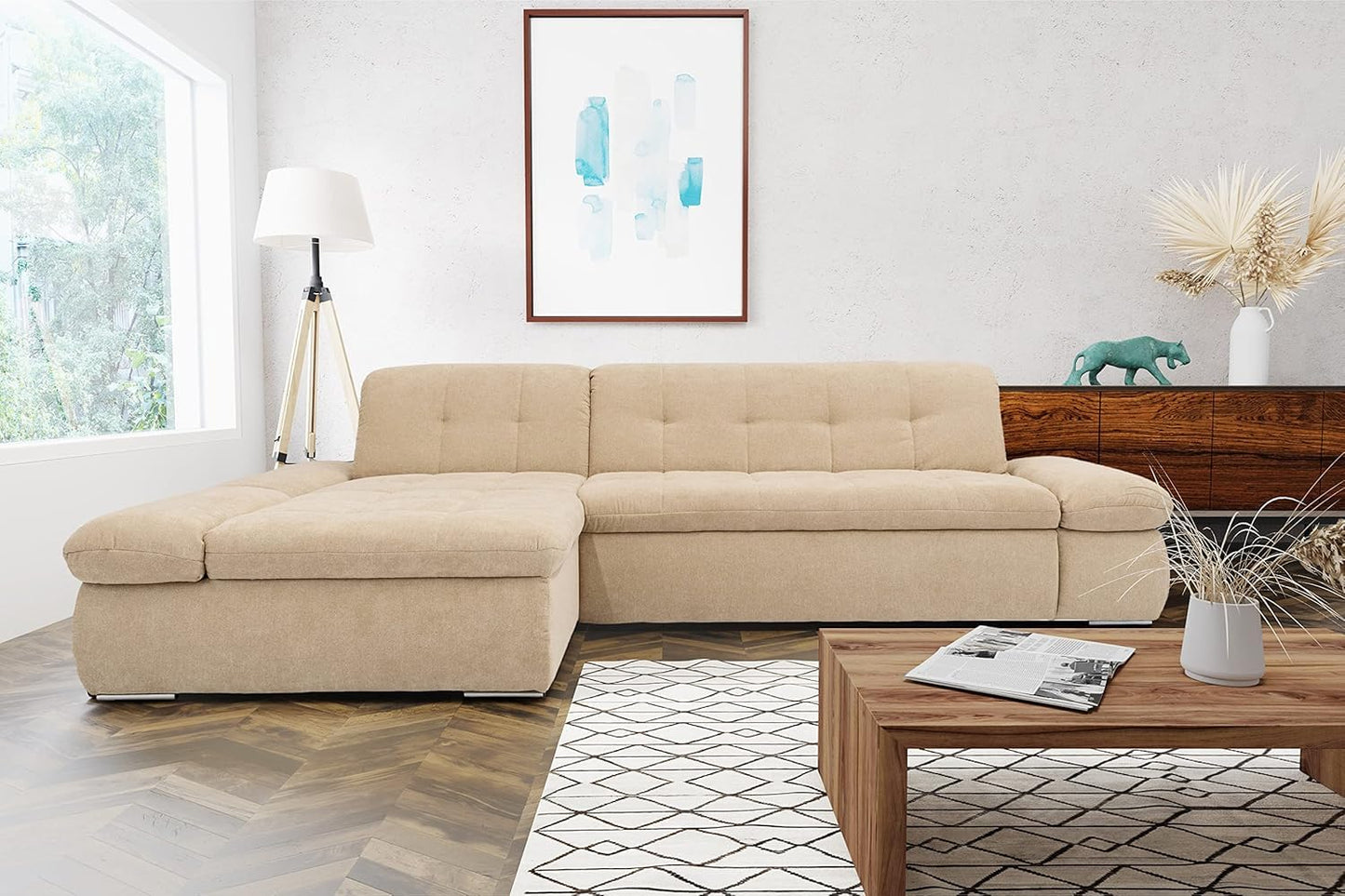 DOMO. collection Moric Corner Sofa, L-Shaped, Corner Sofa, L-shaped, 300 x 172 x 80 cm (W x D x H), Beige