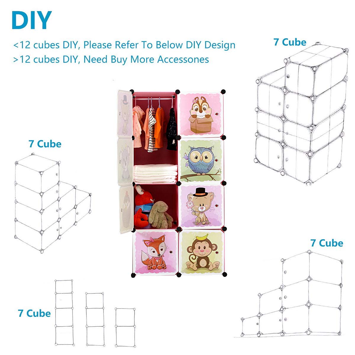 BRIAN & DANY Expandable Children's Shelf, Children's Wardrobe, Tiered Shelf, Bookcase with Doors, Deeper Compartments than Normal (45 cm vs. 35 cm) for More Space, 75 x 47 x 147 cm, Pink