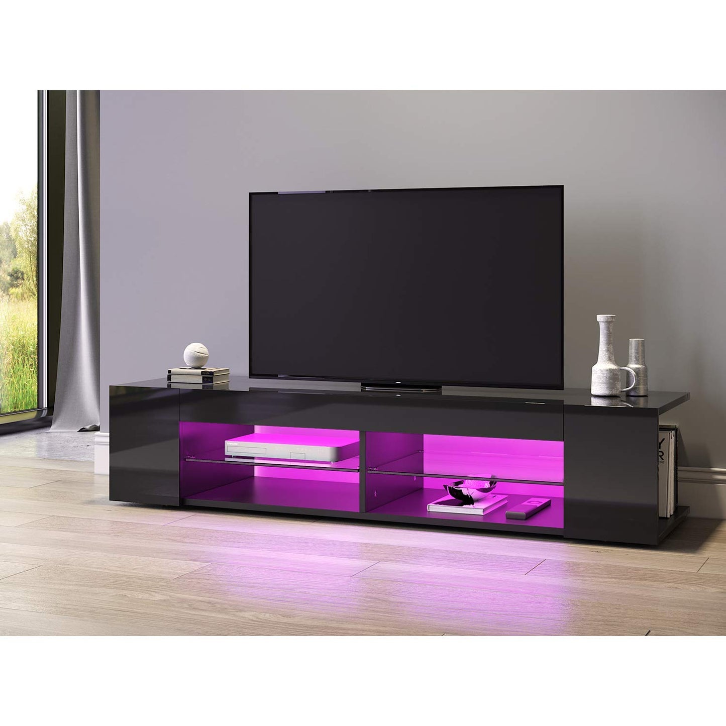 SONNI TV Board White, Handle-less Design, TV Cabinet High Gloss, TV Stand with LED Lighting, 12 Colours Can Be Adjusted, TV Shelf, Lowboard for TVs up to 65 Inches, 130 x 35 x 45 cm