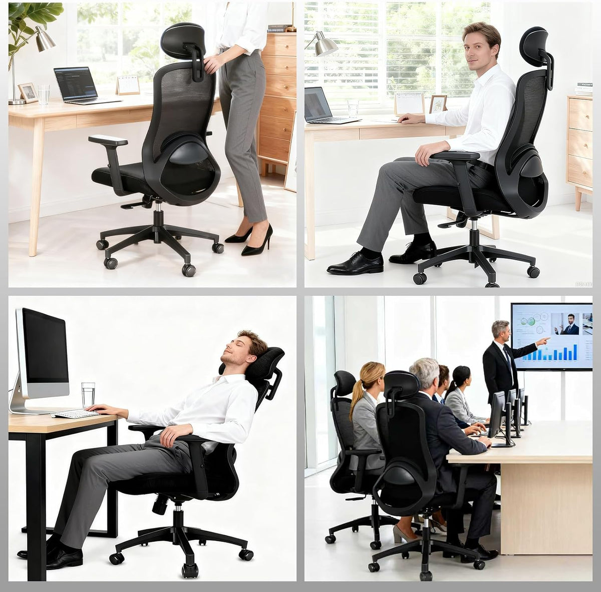 Milacyee Ergonomic Office Chair, Desk Chair with Adjustable 4D Lumbar Support, Office Chair with Headrest, Mesh Executive Chair with 90°-130° Reclining Function (Lockable), Swivel Chair up to 150 kg