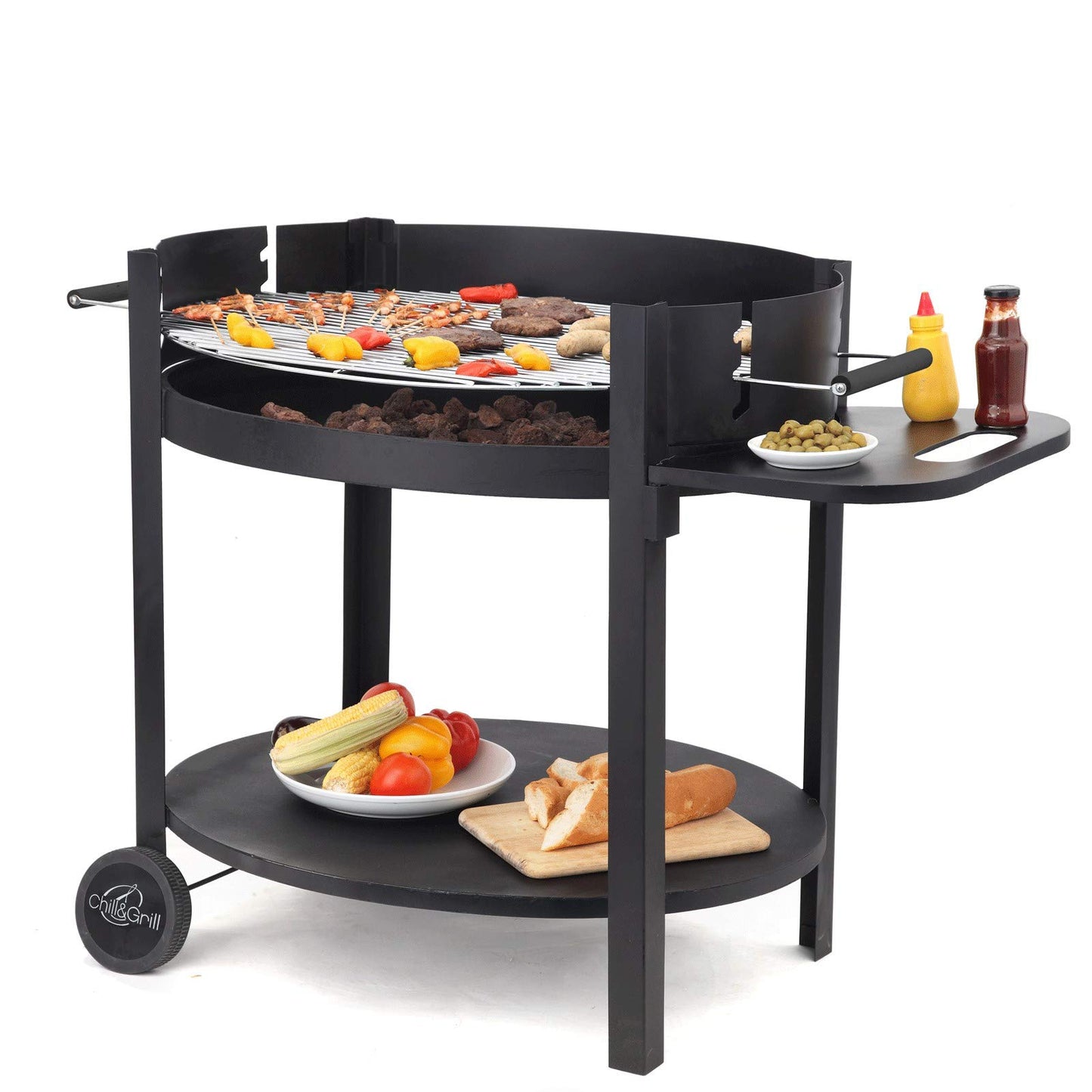 tepro Atlanta Charcoal Barbecue Trolley Outdoor BBQ with Wheels, Height Adjustable Approx. 77 - 88 cm, Grill Area: Approx. 98 x 56 cm, Dimensions Approx. 135.5 x 63 x 91.2 cm, Black