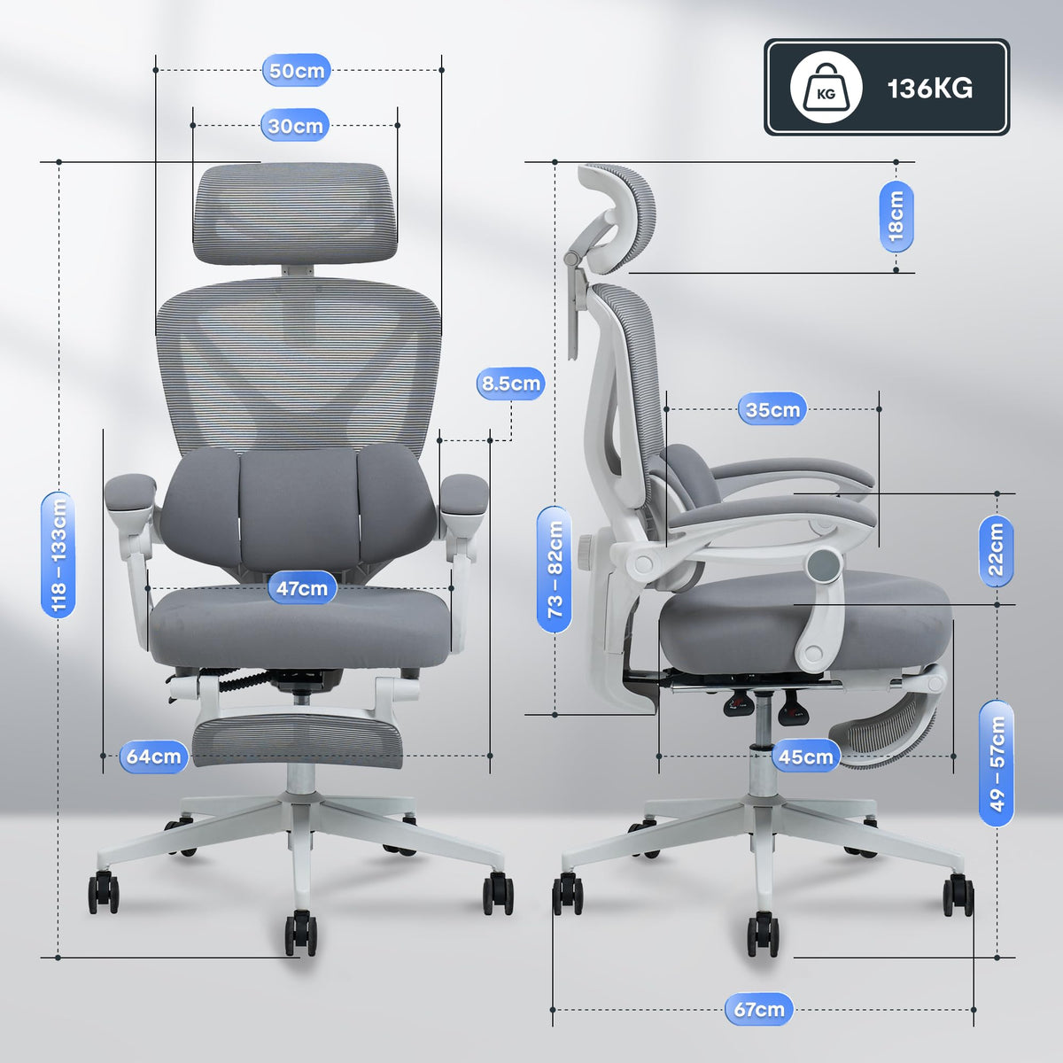 FLEXISPOT Ergonomic Office Chair, X-shaped Desk Chair with 135° Tilt, Coupled Armrests with Zoned Adjustable Lumbar Support, Swivel Chair with Footrest, 3D Headrest, White/Grey