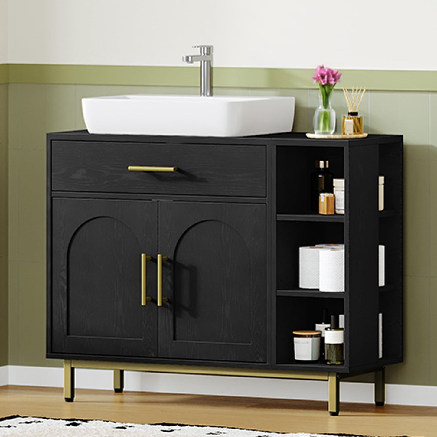 Hzuaneri BC28813G Bathroom Cabinet 1 Drawer 2 Cabinet Doors Open Compartment with 3 Levels Adjustable Shelf White 30 x 80 x 64 cm