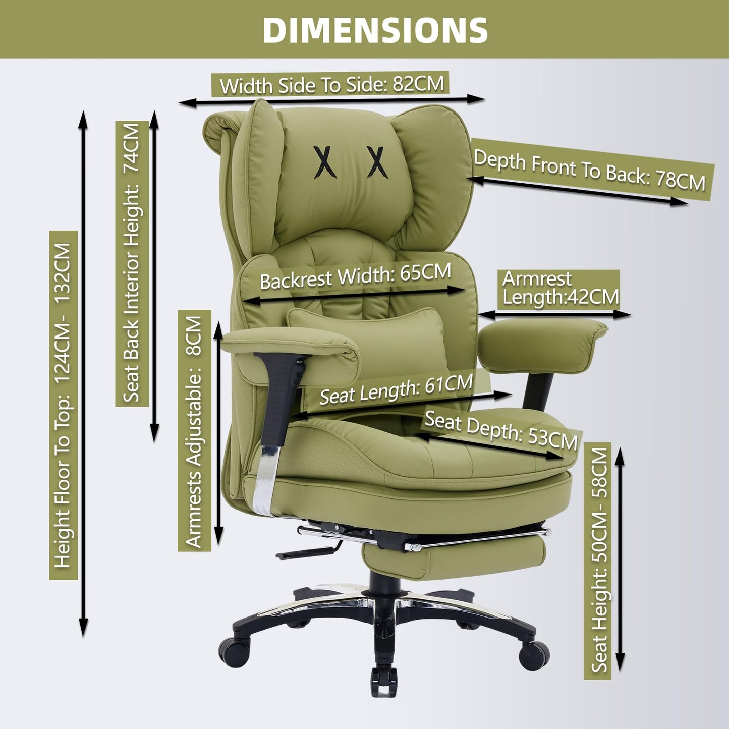 Efomao Office Chair, X Embroidery Big and Tall PU Leather Chair for Home, Adjustable High-Backed Computer Gaming Chair, 200 kg Rotating Executive Chair with Footrest and Lumbar Support, Olive Green