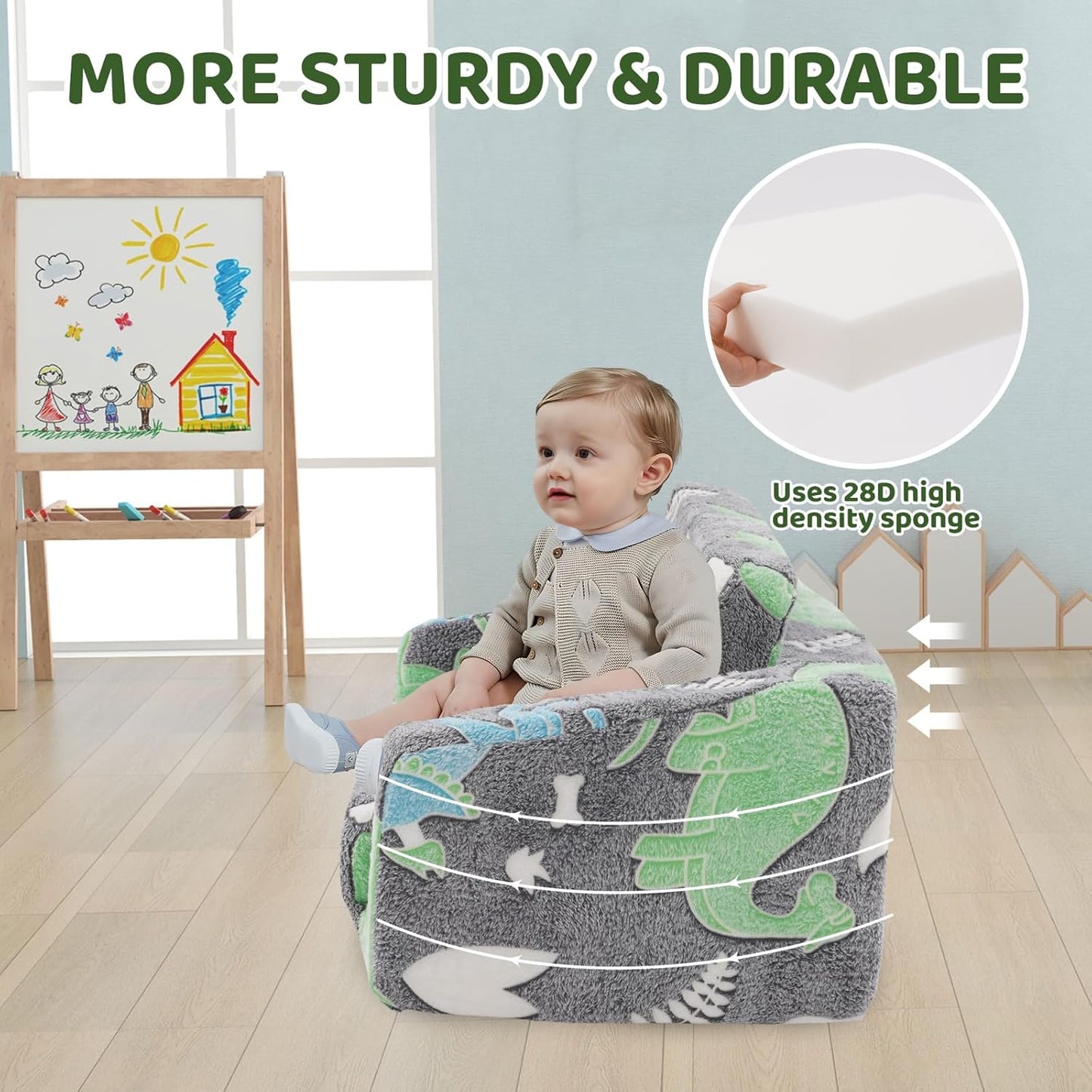Children's Sofa, 2-in-1 Children's Sofa Fold-Out Sofa Bed, Removable and Washable, Mini Play Sofa for Boys and Girls Children's Room, Dinosaur Pattern