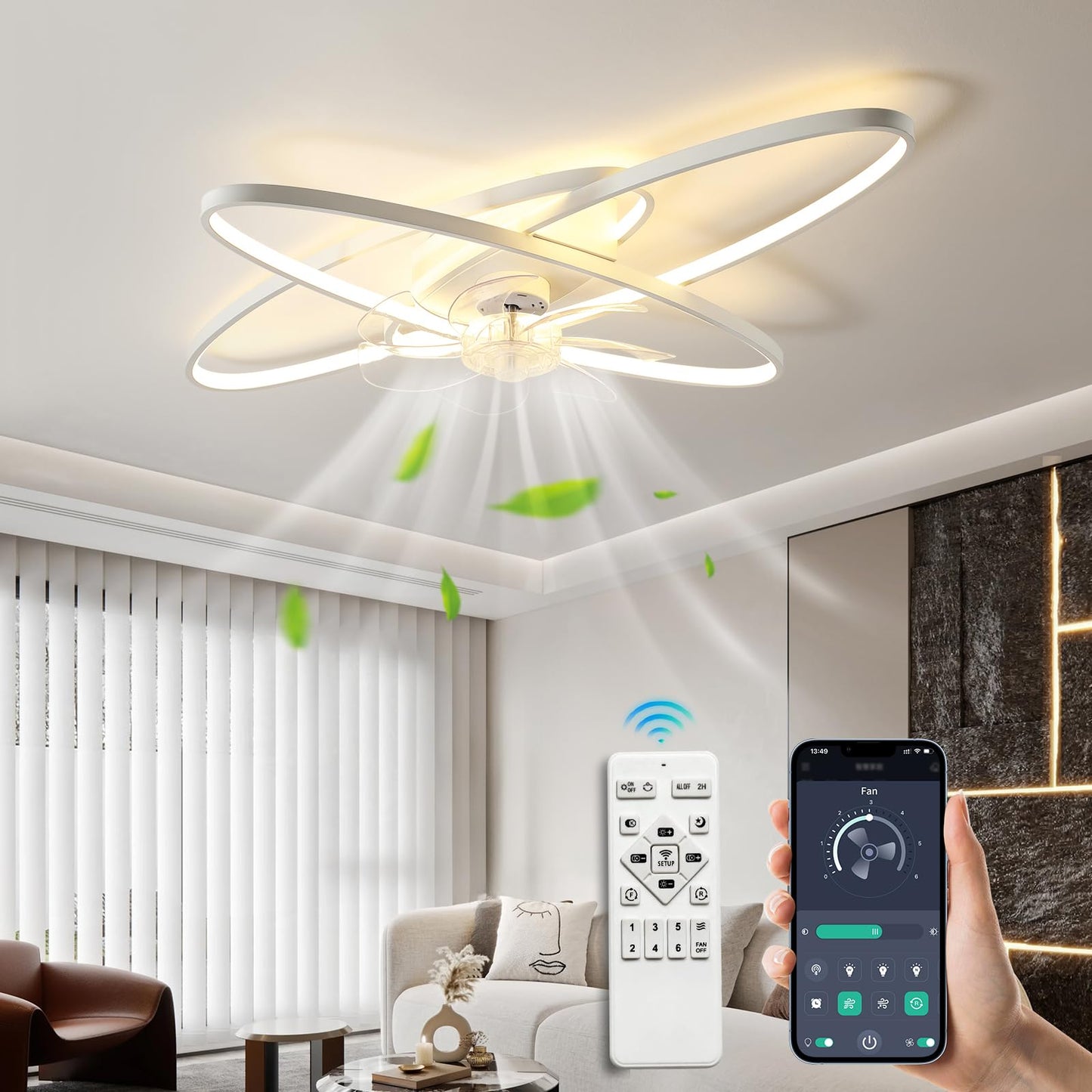 LED Lighting with Mute Ceiling Fan 45W Ceiling Light with Fan Light, App and Remote Control, Creative Shape Acrylic Shade (White) Living Room Bedroom Kitchen (White)