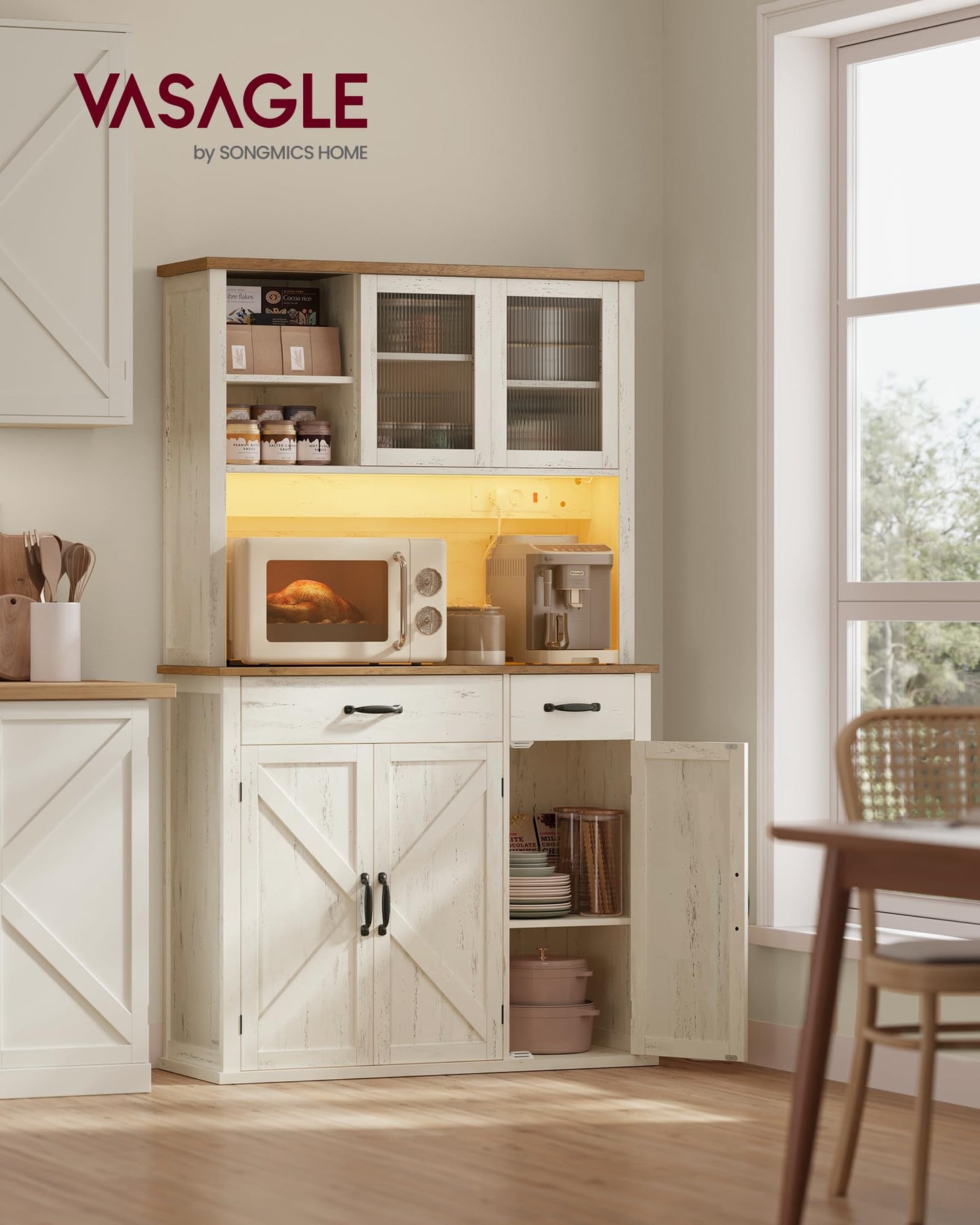 VASAGLE Sideboard with Lighting and Charging Station Kitchen Cabinet Storage Cabinet with Doors and Drawers 39.5 x 106.5 x 180.6 cm Adjustable Shelves Country Style Vintage White BBK391W02