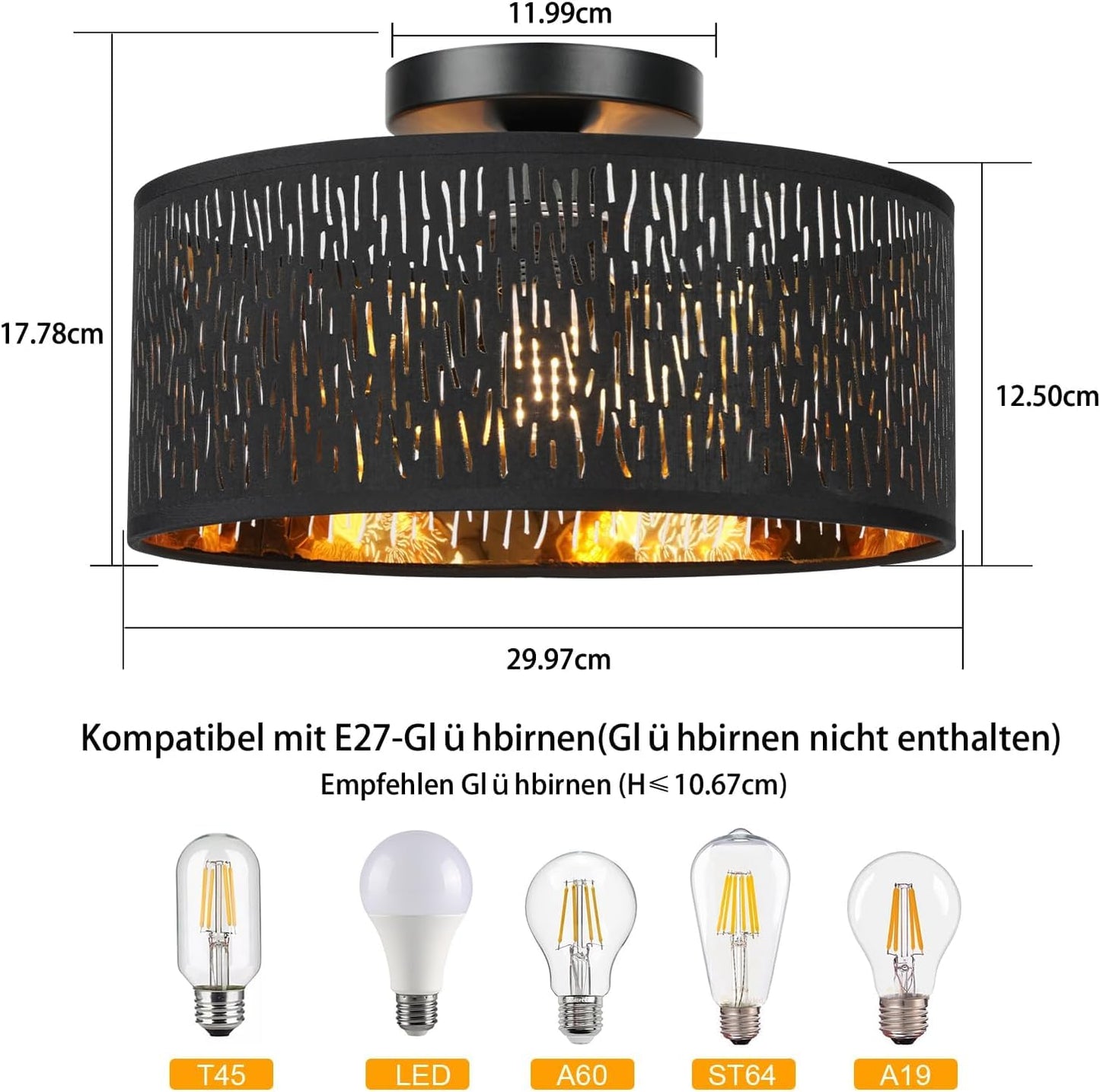 FRIDEKO HOME Moderne Deckenlampe Schwarz,Durchbrochener Rund Ø30cm Deckenleuchte E27 One Flammige Stoff Lampenschirm Lampe für Schlafzimmer Wohnzimmer Küche Flur