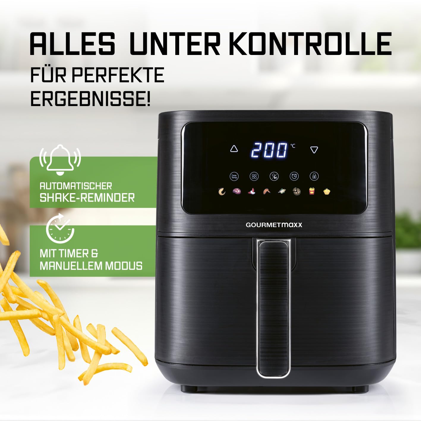 GOURMETmaxx Digitale Heißluftfritteuse 12 L, XXL-Edelstahl-Ofen | Airfryer + Timer, Touchdisplay, Drehspieß | fettarm, energiesparend frittieren | 10 Programme inkl. Pizza | 1800 W