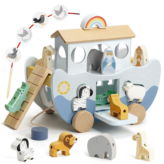 Joyreal Arche Noah Holz - Taufgeschenke für Mädchen Jungen Kinder, Geschenk Taufe, Montessori Spielzeug Lernspielzeug mit Bauernhof Spielzeug Sortier Stapel